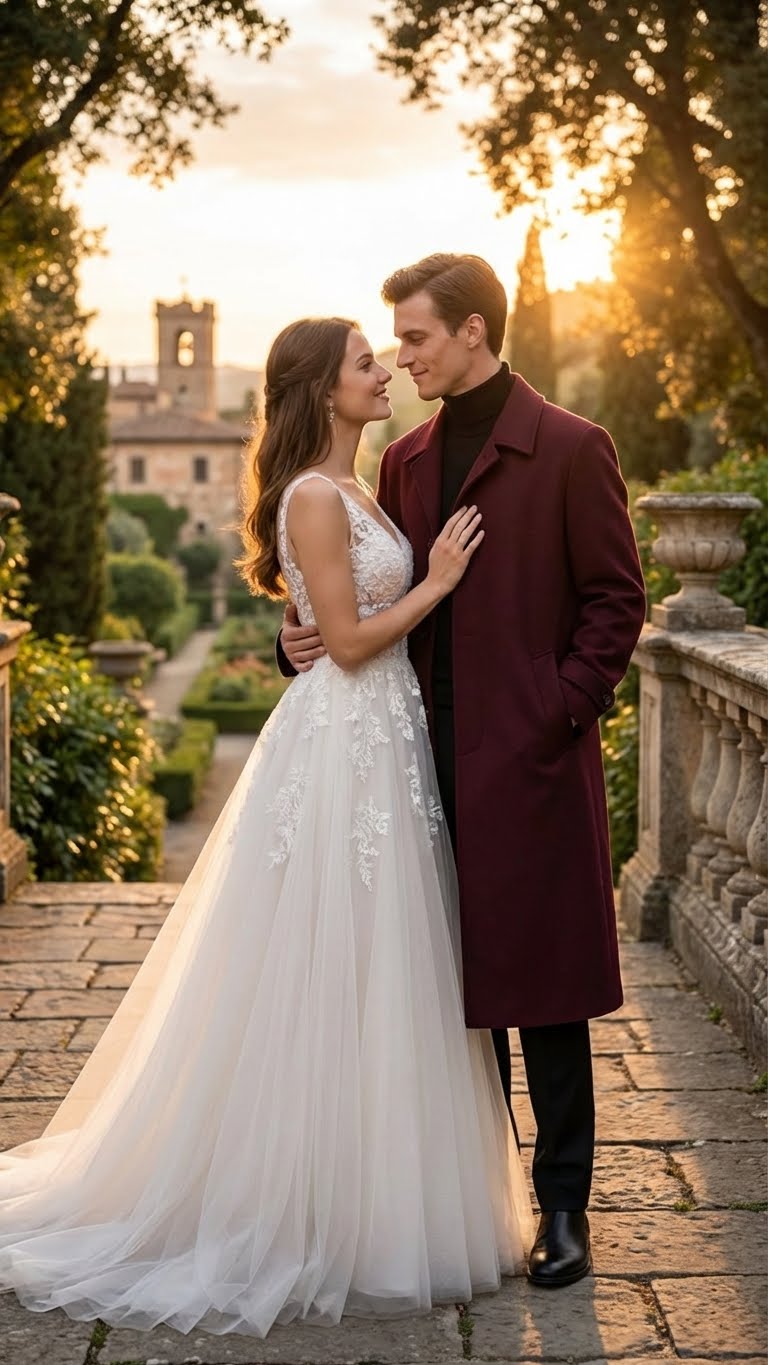 Mens Full-Length Burgundy Overcoat - Microfiber 4 season fabric Long Formal Coat with Classic Tailored Maxi Duster Coat
