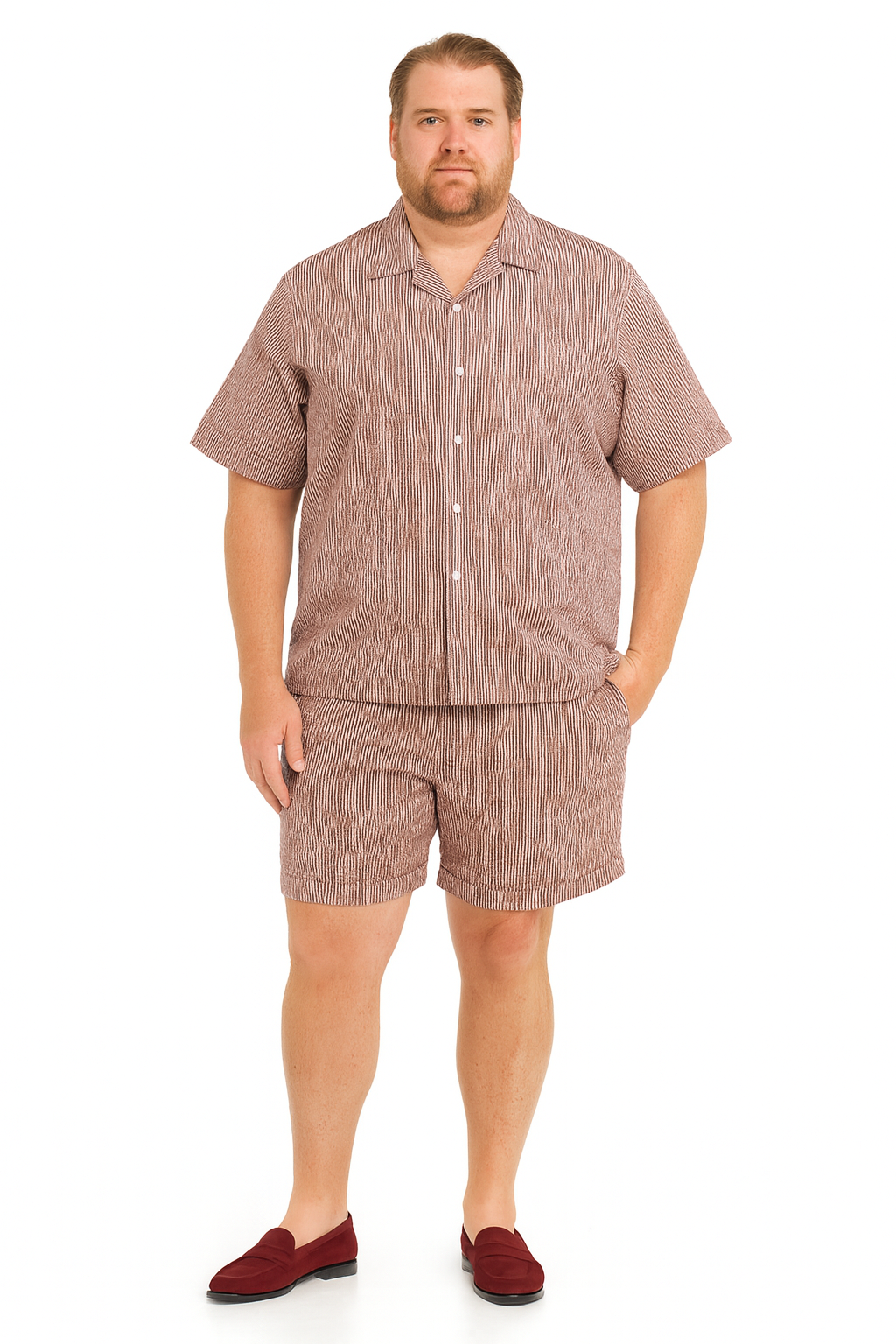 Mens Burgundy Reddish Seersucker Short Set Walking Suit Two-Piece Cuffed Shorts with Expandable Waist