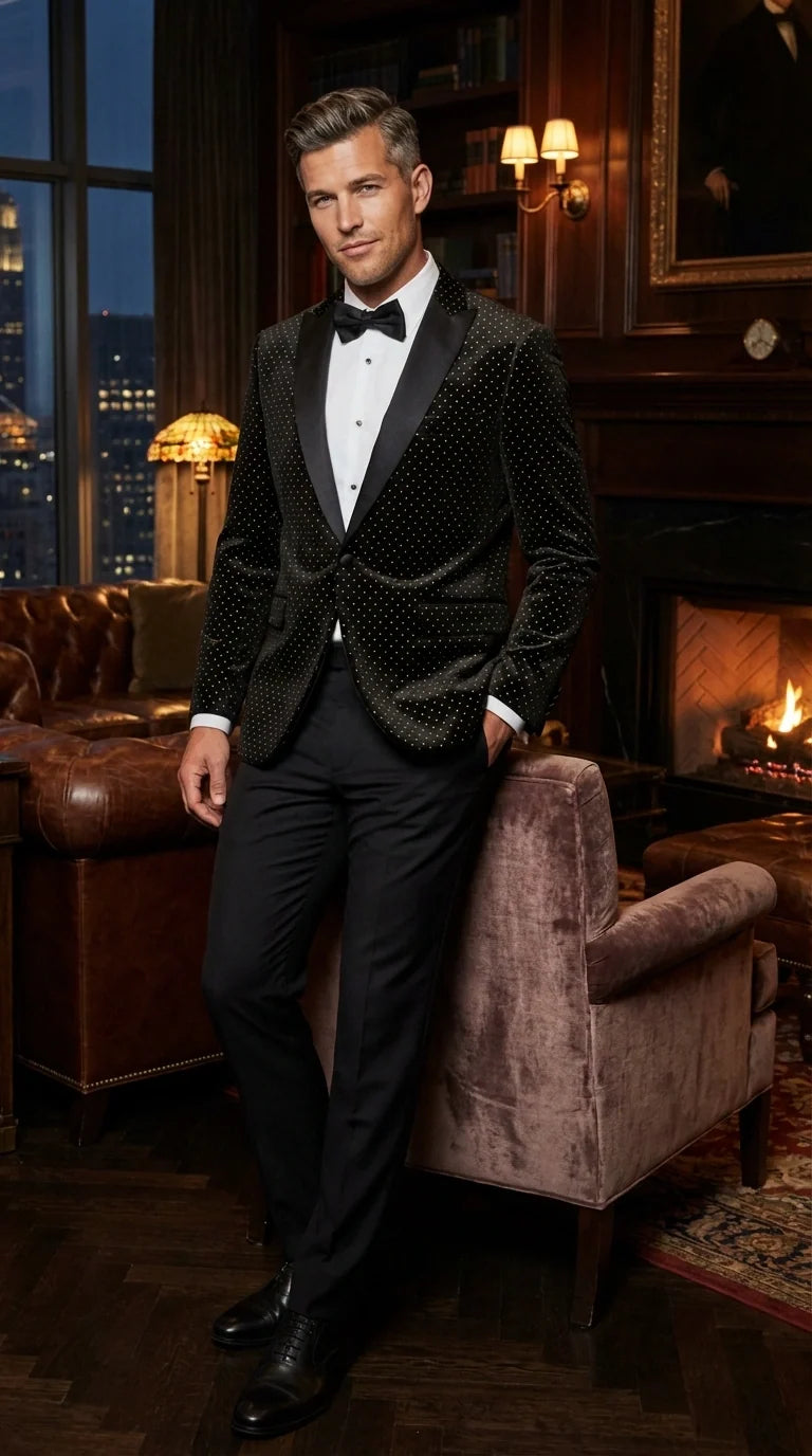 Men’s Black Velvet Dinner Jacket Blazer with Satin Lapel – Formal Evening Tuxedo Style Jacket Polk Dots Pattern + Free bowtie