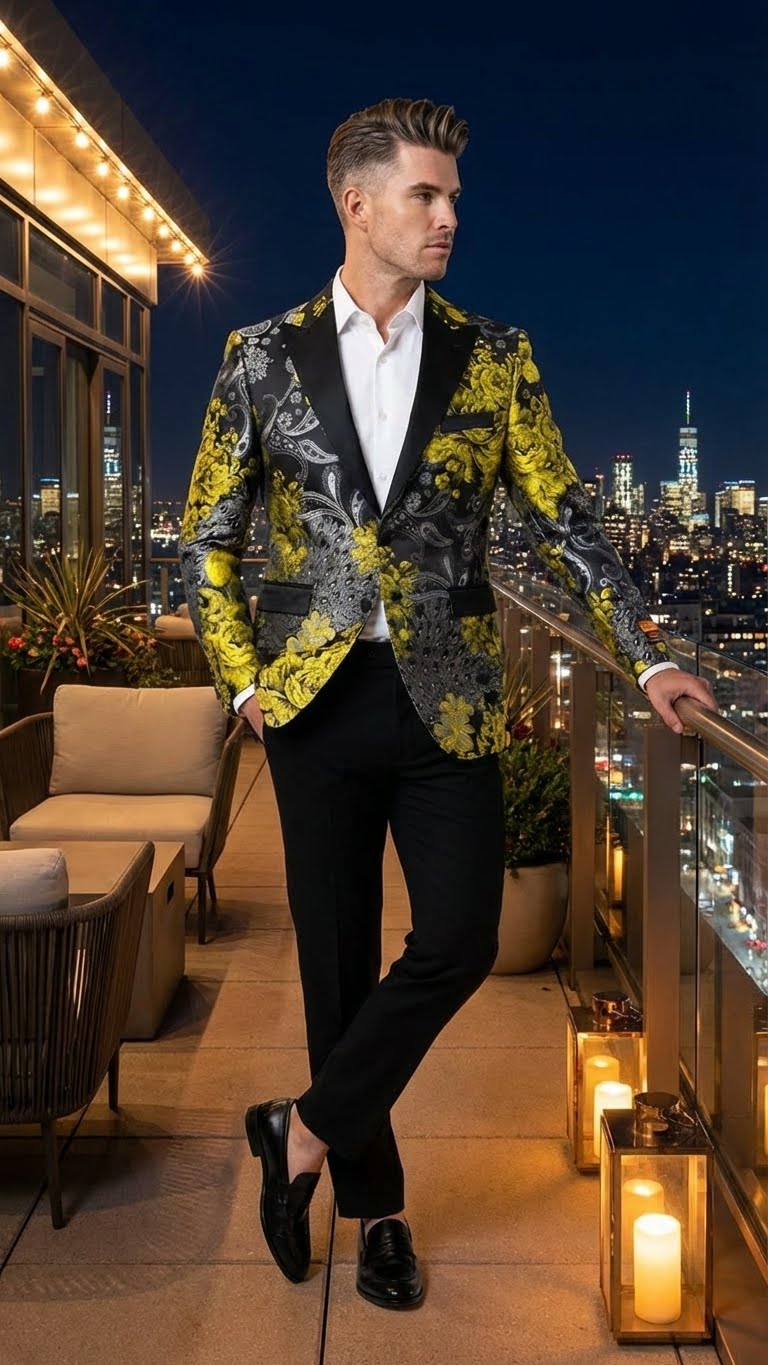 Mens Yellow Tuxedo Black and Gold Floral Pattern Blazer | Formal Jacket - Prom Dinner Jacket + Black Pants + Bowtie