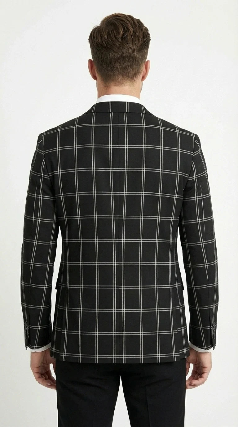 Men’s Black Windowpane Check Blazer – Black Plaid Formal Blazer Jacket for Business, Wedding and Smart Casual Style