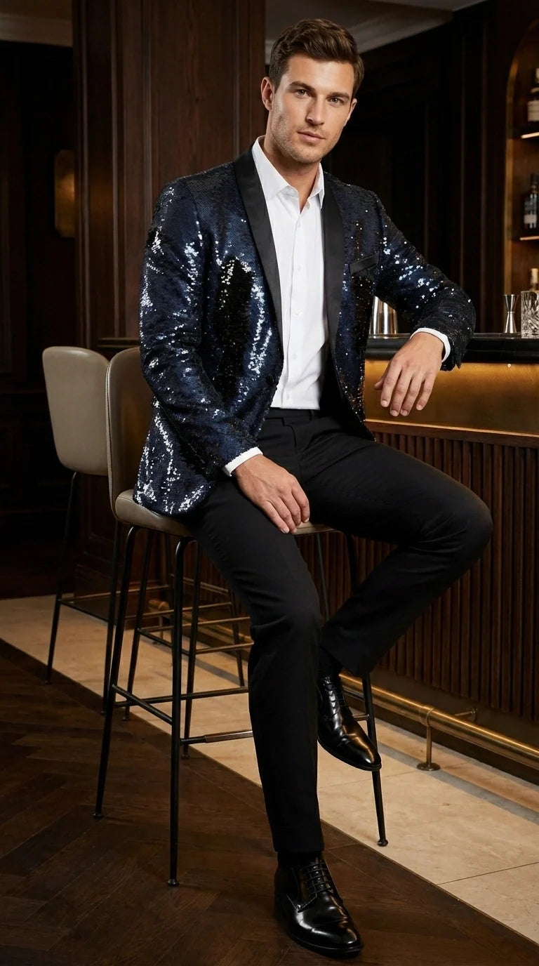 Men’s Navy Sequin Blazer – Navy Blue Sparkle Sequin Formal Blazer with Satin Lapel for Prom, Party and Evening Events