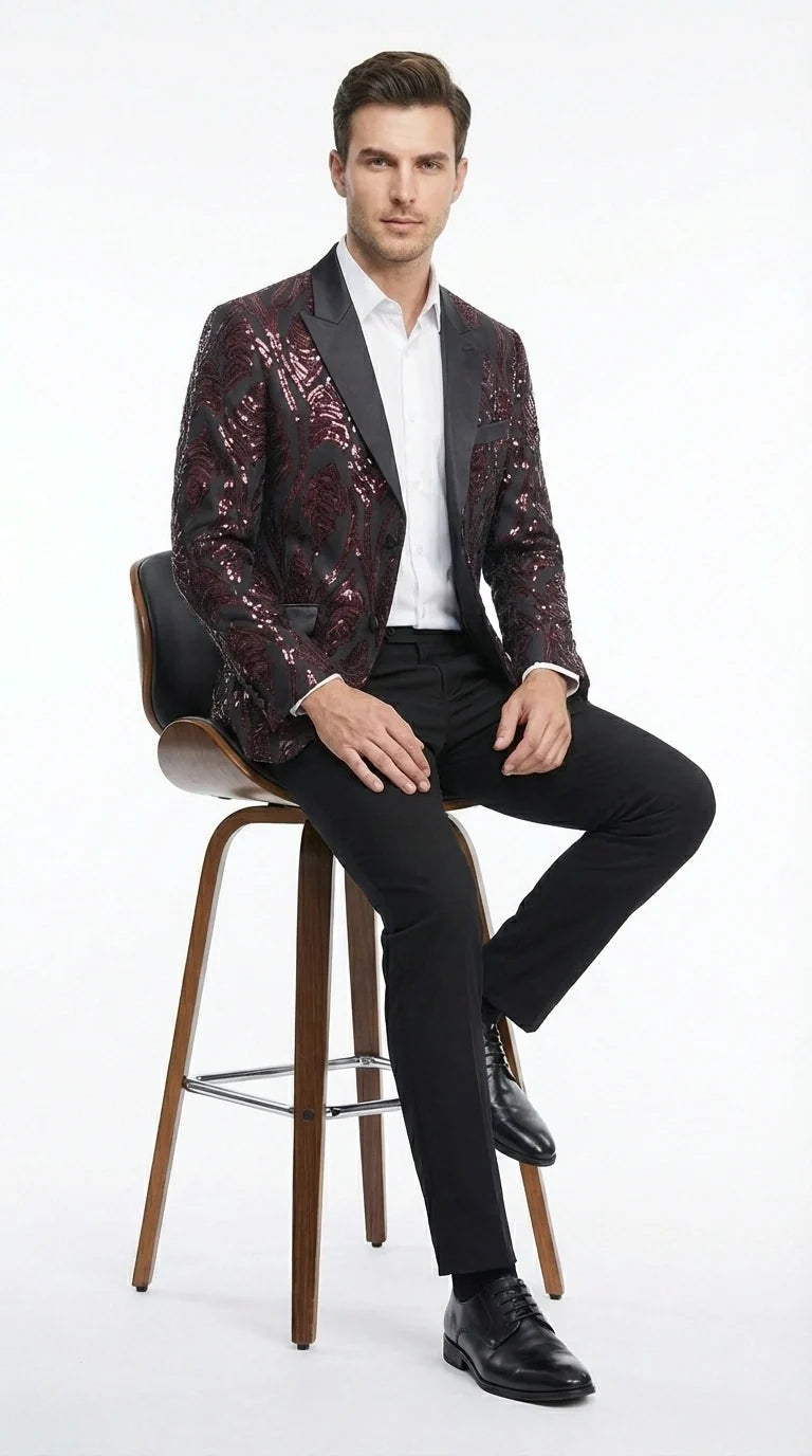 Men’s Black and Burgundy Sequin Blazer – Black Sparkle Sequin Party Blazer with Burgundy Pattern for Prom, Wedding Slim Fitted