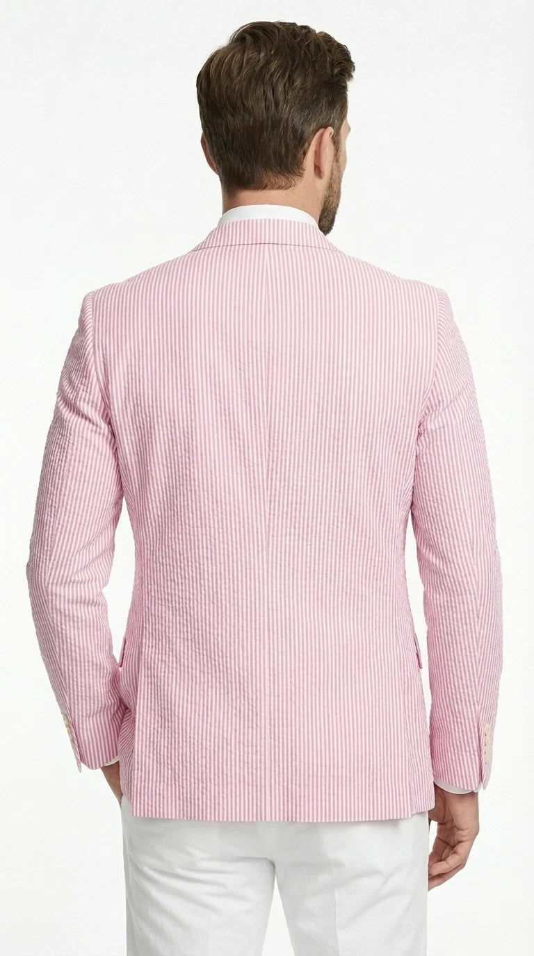 Mens Pink Seersucker Blazer – Lightweight Striped Summer Sport Coat Casual Smart Formal Jacket