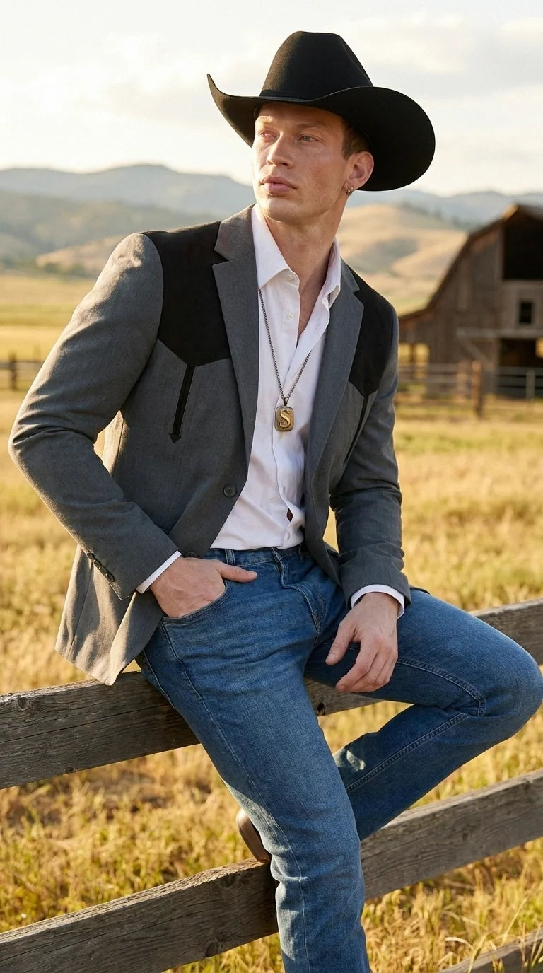 Men’s Dark Charcoal Western Blazer with Black Suede Yokes, Cowboy Sport Coat for Ranch Wedding and Country Events