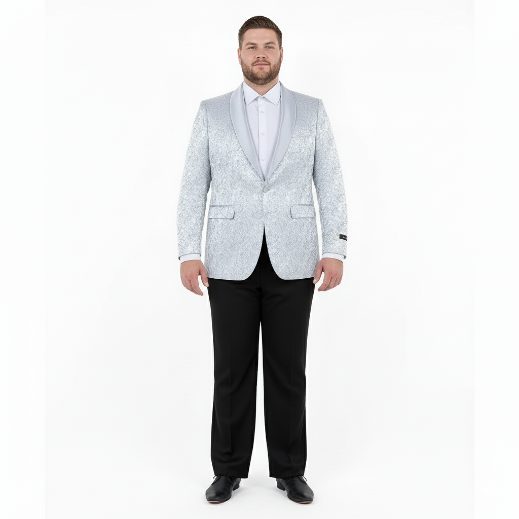 Big and Tall Mens Silver Gray Paisley Tuxedo Jacket Satin Shawl Lapel Blazer for Weddings, Proms, and Formal Events