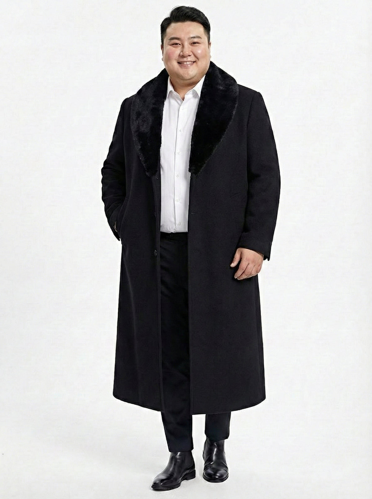 Mens Black Long Overcoat with Faux Fur Collar, Full Length Winter Topcoat for Formal and Business Wear