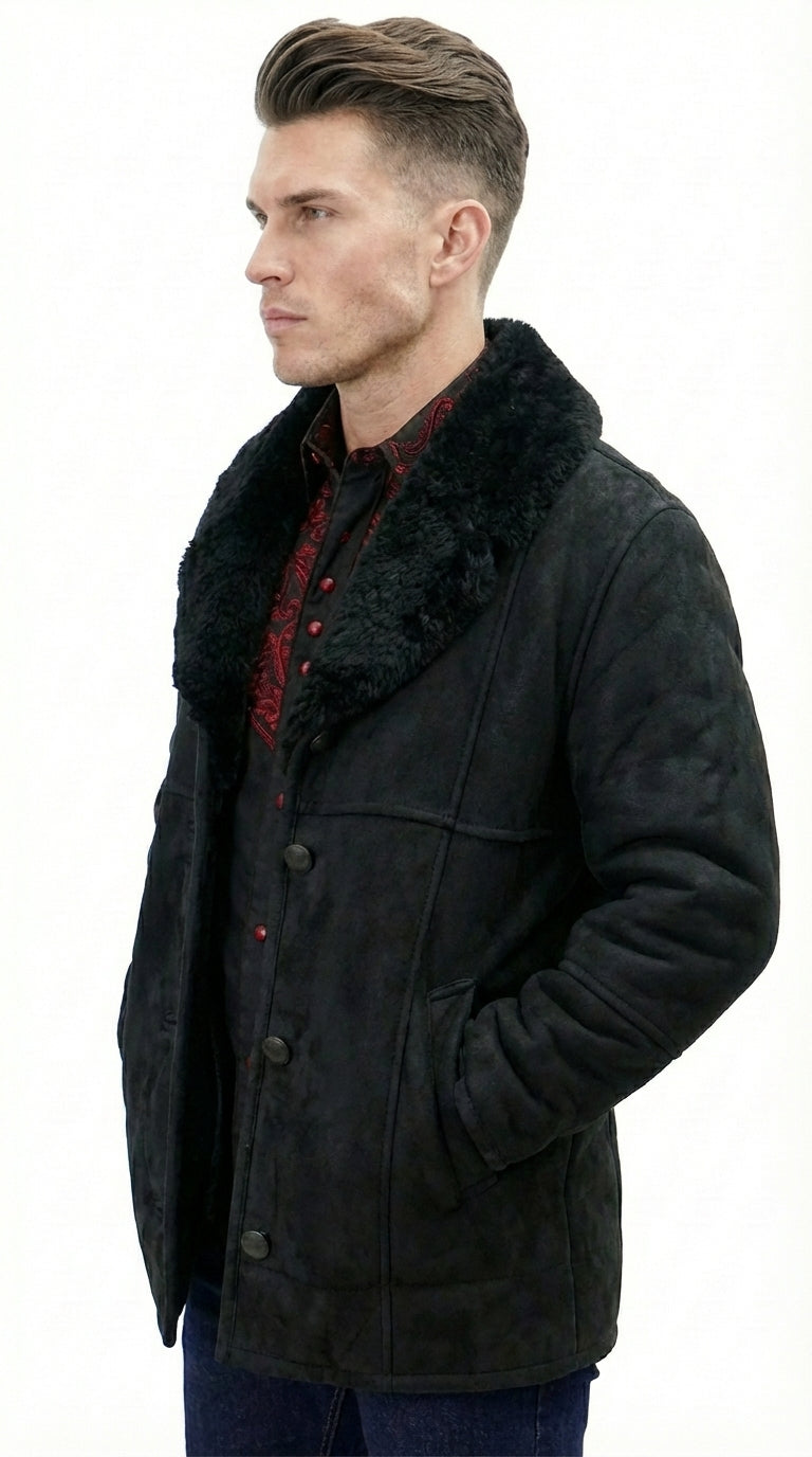 Men’s Black Sheepskin Leather Jacket Cowboy – Warm Faux Fur Collar Coat, Winter Long Jacket, Casual Western Style Outerwear