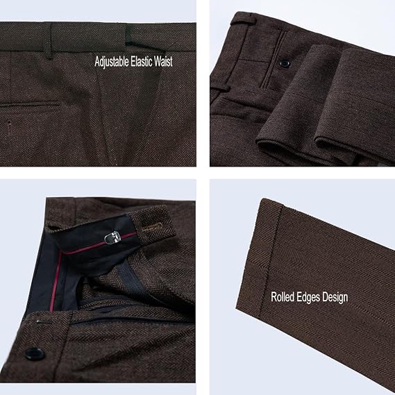 Mens Vintage Tweed Dress Pants Slacks Trousers Regular Fit Suit Pants in Coffee