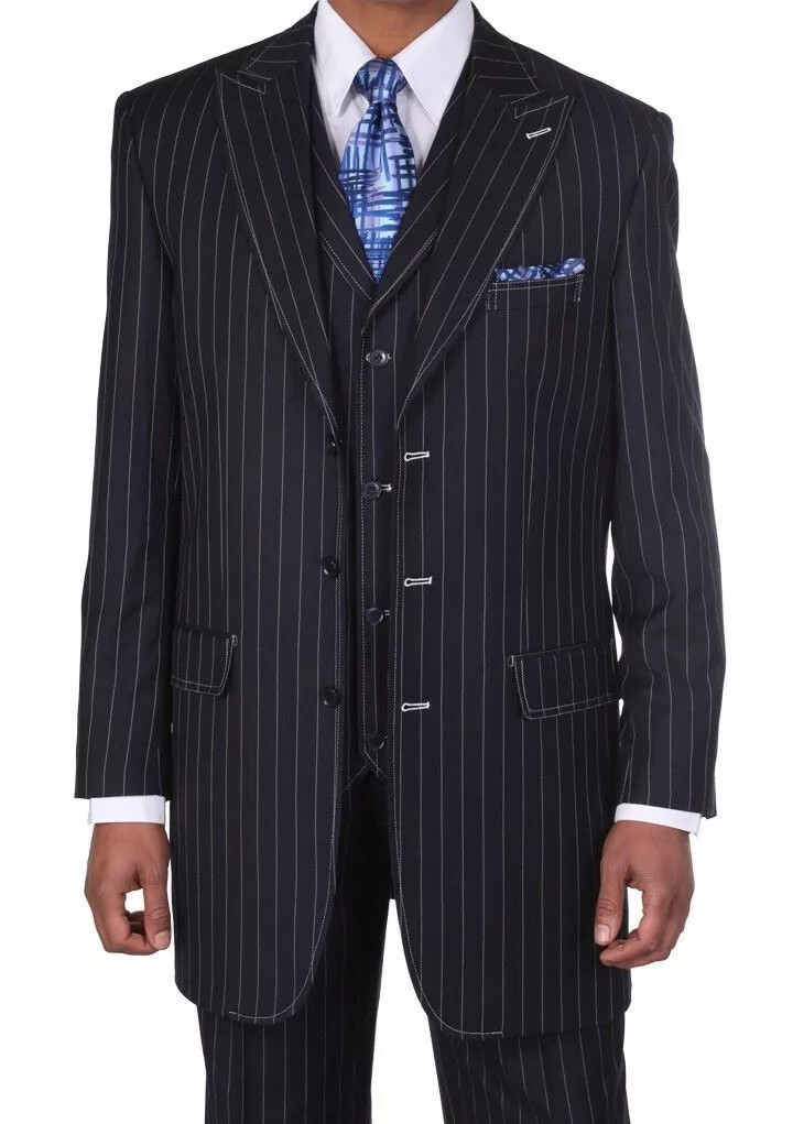 Men's Three Button Suits - Navy Blue Pinstripe Three-Piece Suit Classic Business and Formal Wear with Tailored Fit