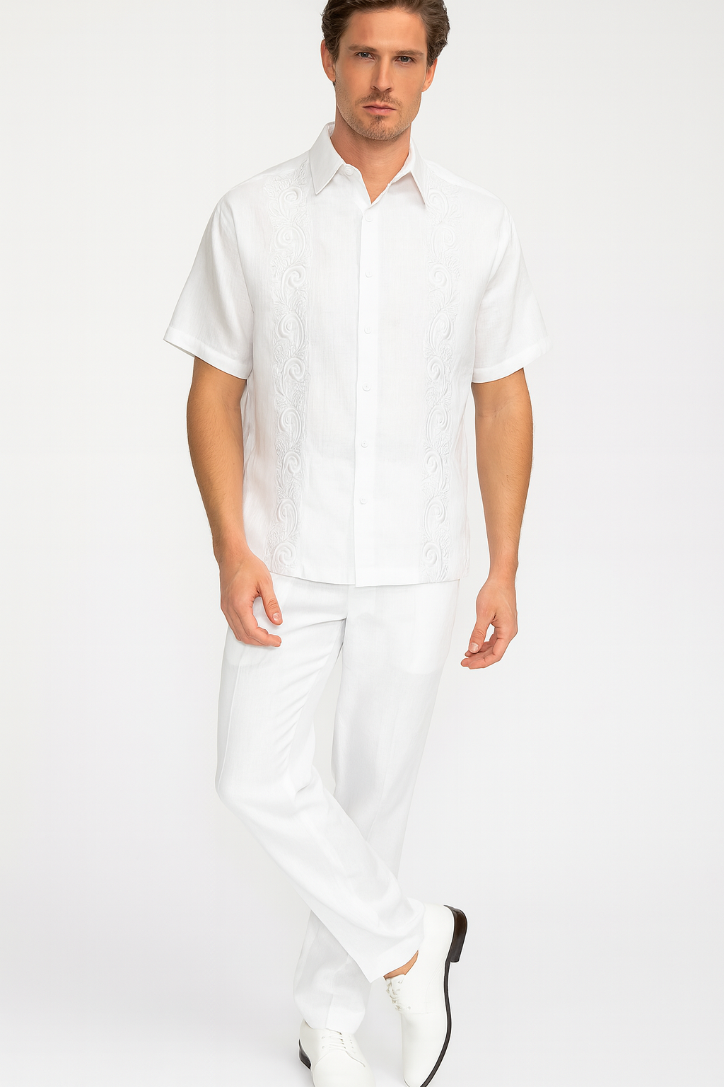 Mens White Embroidered Guayabera Two-Piece Set Short Sleeve Shirt and Pants