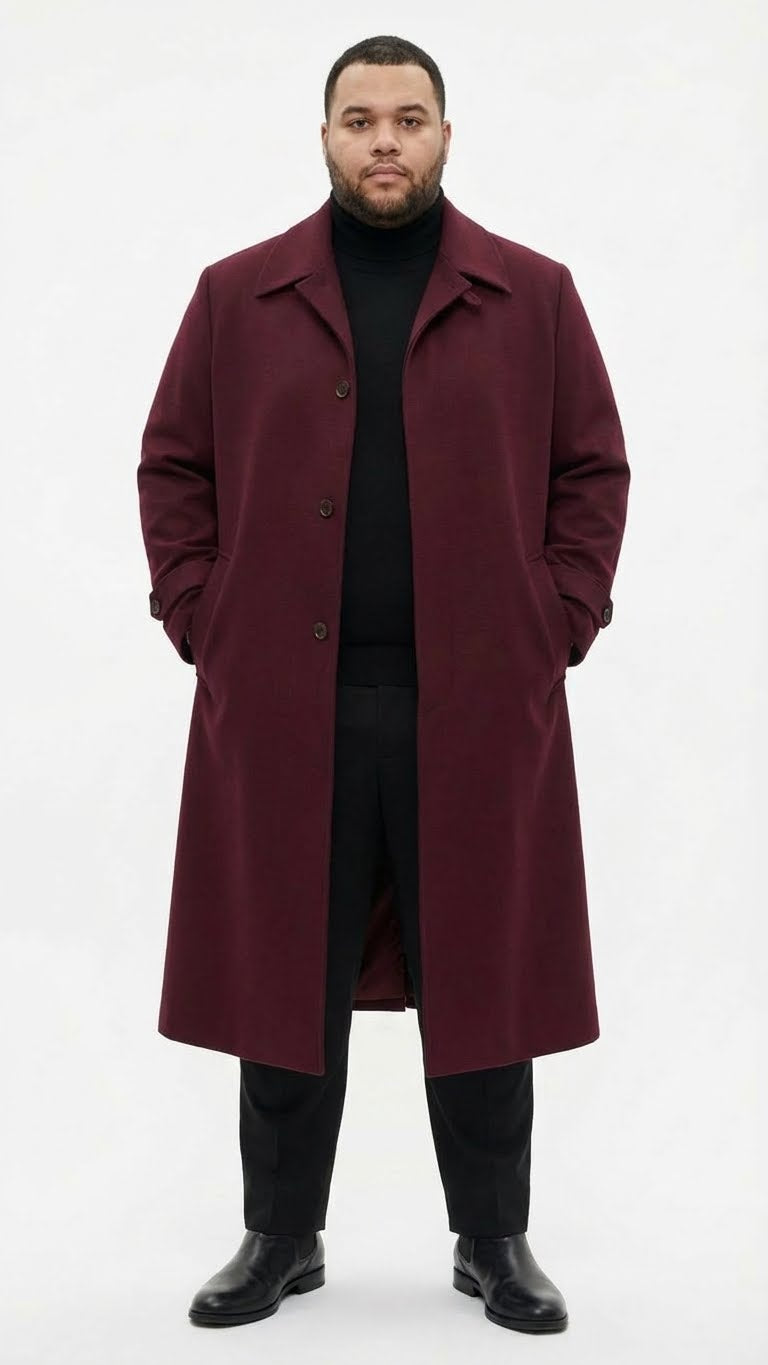 Mens Full-Length Burgundy Overcoat - Microfiber 4 season fabric Long Formal Coat with Classic Tailored Maxi Duster Coat