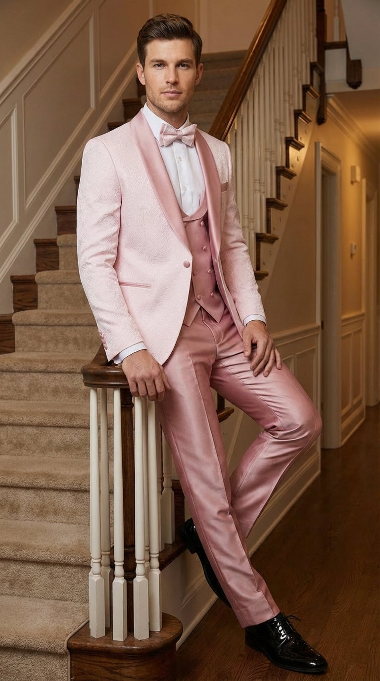 Men's Light Pink 3 Piece Tuxedo Suit Set | Shawl Lapel Formal Wedding Prom Dinner Suit in Rose Gold Color