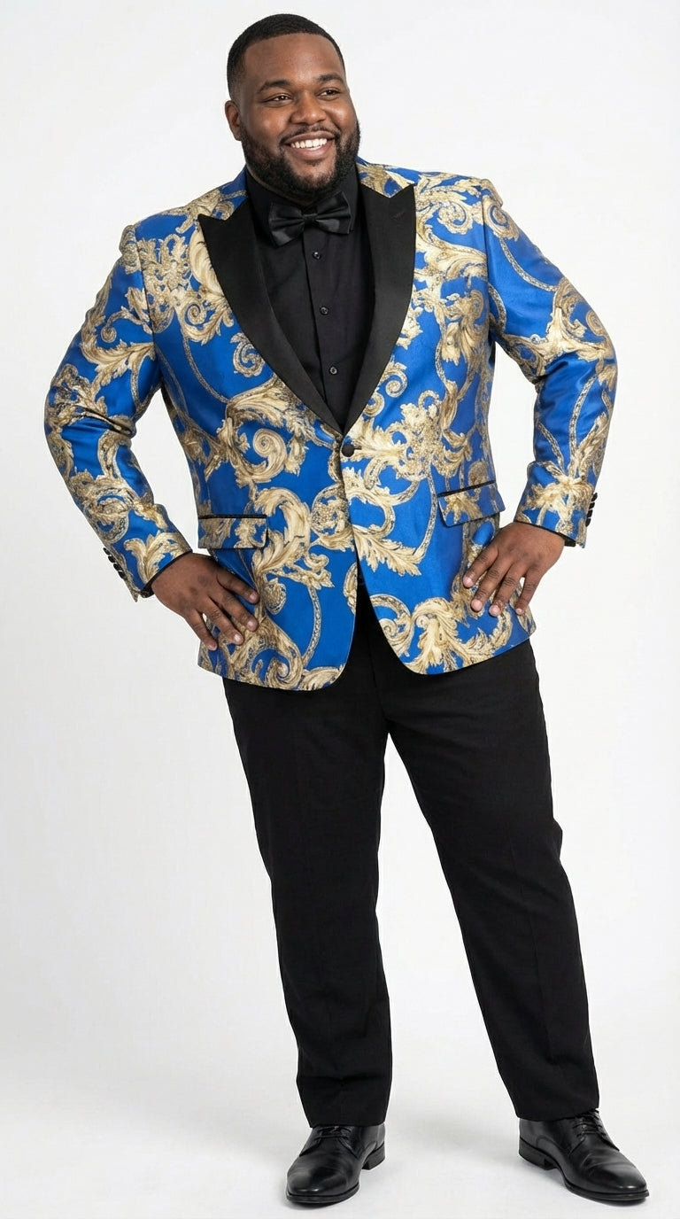 Men’s Royal Blue and Gold Blazer Jacket – Luxury Floral Pattern Tuxedo Blazer, Formal Party Wedding Dinner Jacket, Stylish Evening Wear