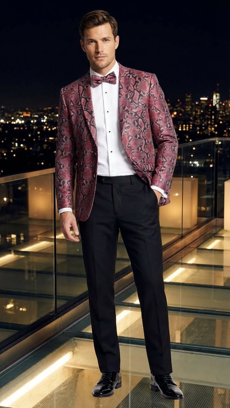 Mens Burgundy and Black Snakeskin Print Blazer Alligator Crocodile Sport Jacket Exotic Skin