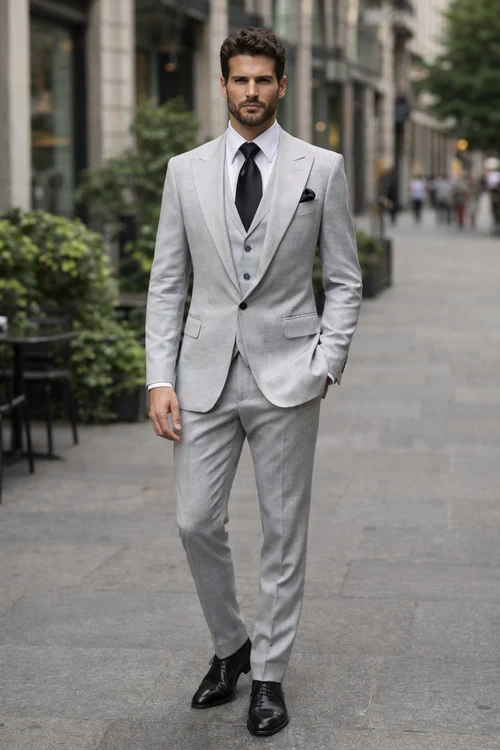Suits With Baggy Pleated Pants - Wide Leg Pants 100% Wool - Classic Fit in Grey One Button 3 Piece Suit by Rossiman