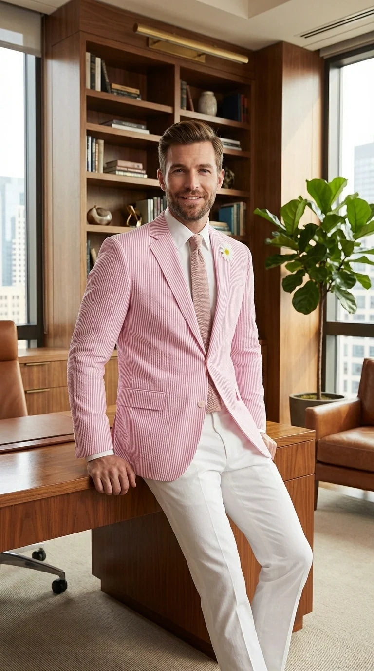 Mens Pink Seersucker Blazer – Lightweight Striped Summer Sport Coat Casual Smart Formal Jacket