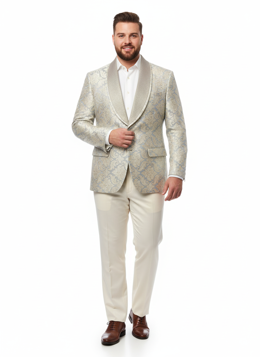 Mens Champaign Silver and Cream Embroidered Luxury Blazer Floral Pattern Wedding & Party Dinner Jacket in Light Tan Color