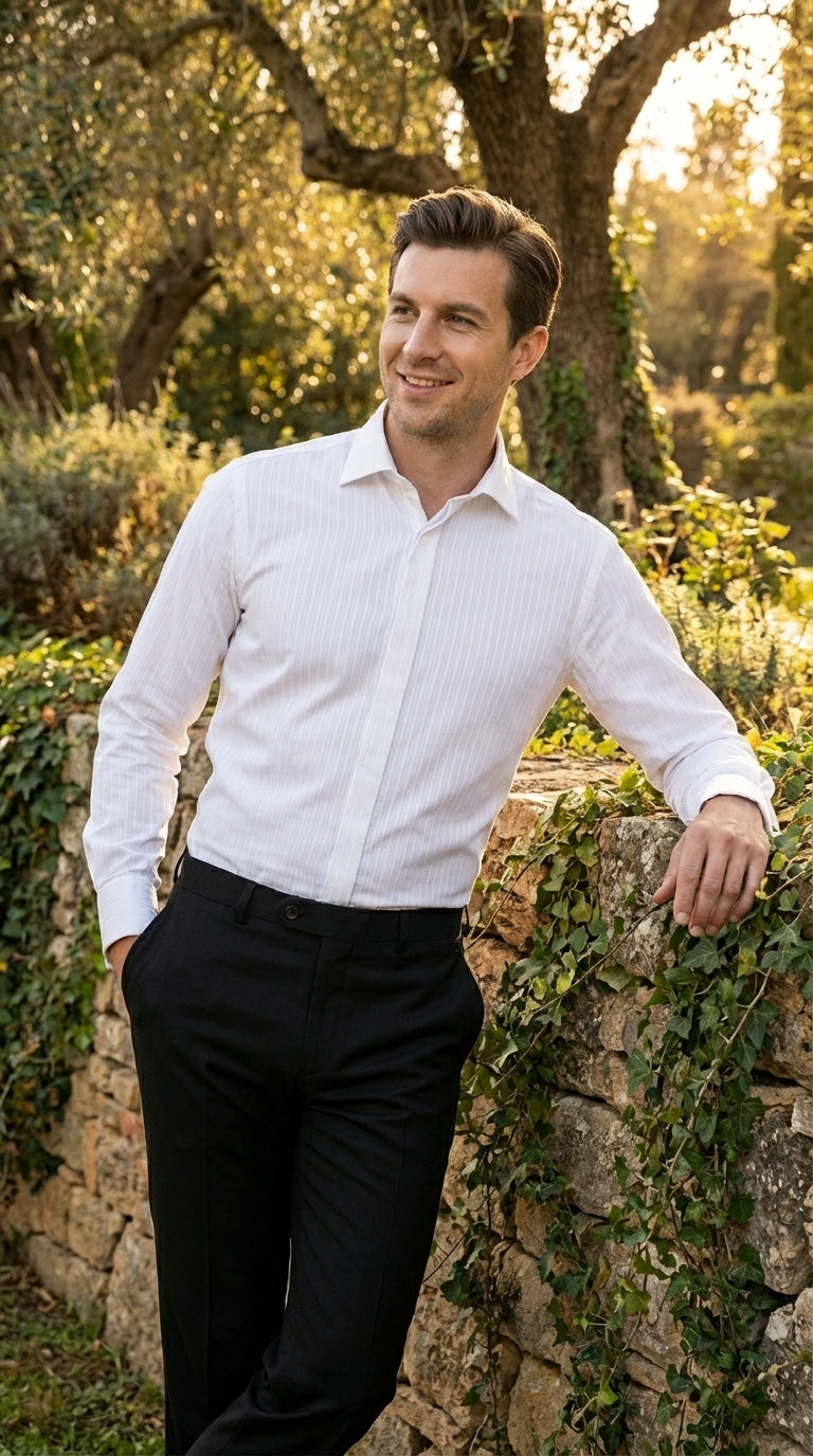 Mens White Herringbone Shadow and Tone on Tone Dress Shirt – Classic Formal Wedding