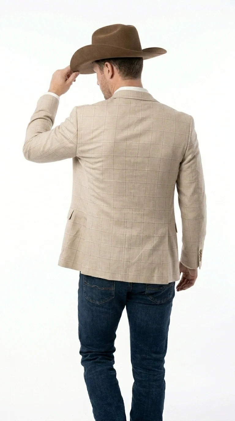 Men’s Cream Tan Beige Windowpane Plaid Western Blazer, Formal Cowboy Wedding Prom Sport Coat Jacket