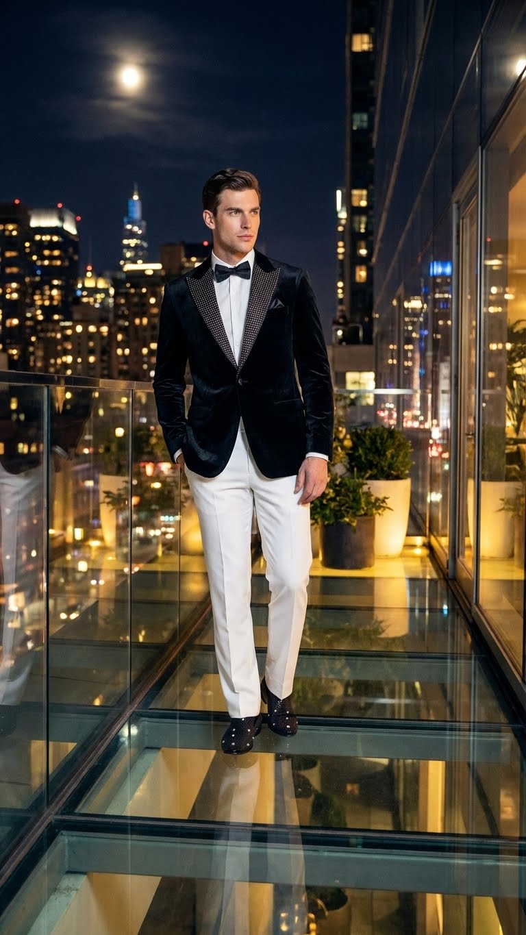 Mens Black Velvet Tuxedo Blazer with Studded Lapel Formal Evening Jacket