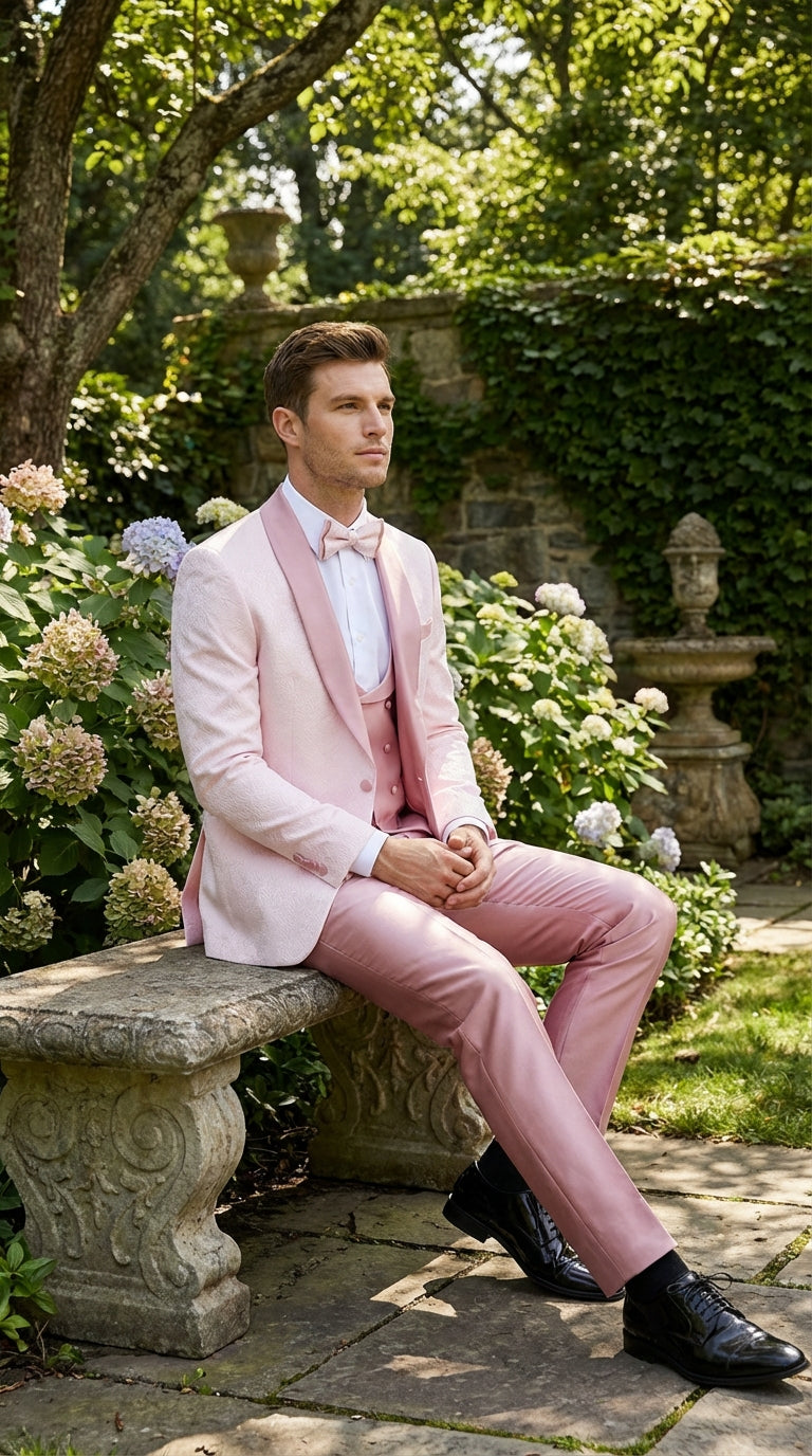 Men's Light Pink 3 Piece Tuxedo Suit Set | Shawl Lapel Formal Wedding Prom Dinner Suit in Rose Gold Color