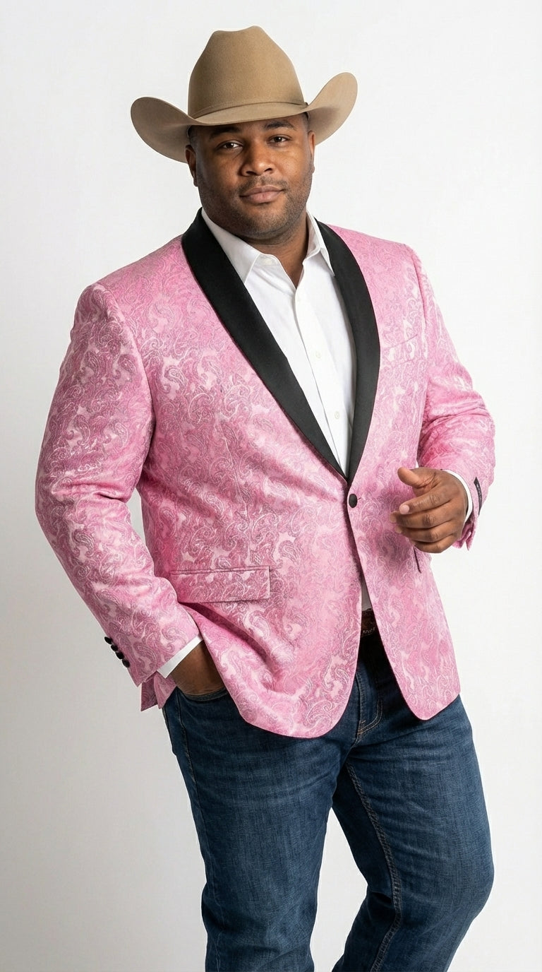 Mens Hot Pink Paisley Western Blazer Jacket – Stylish Pattern Formal Blazer with Black Shawl Lapel for Party, Wedding Cowboy Sportcoat