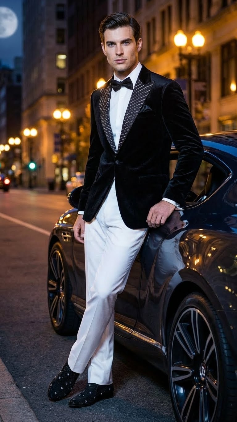 Mens Black Velvet Tuxedo Blazer with Studded Lapel Formal Evening Jacket