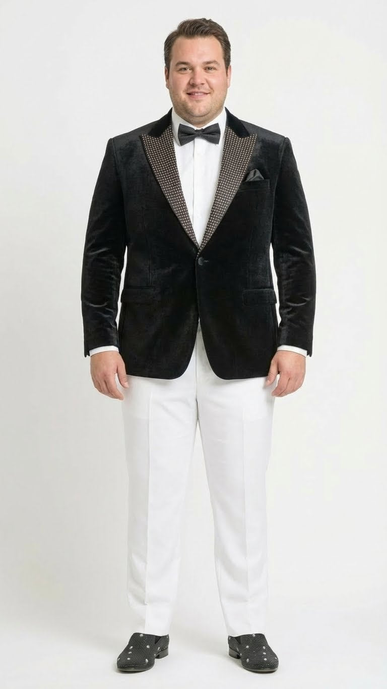 Mens Black Velvet Tuxedo Blazer with Studded Lapel Formal Evening Jacket