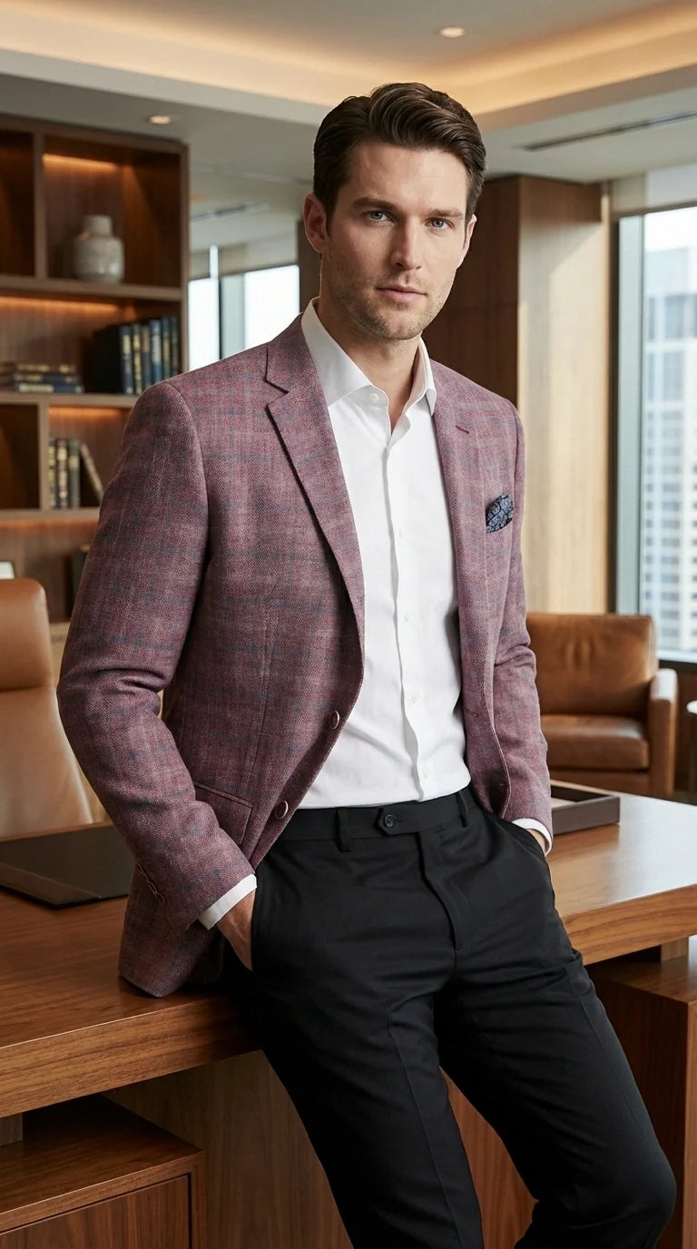 Mens Dusty Rose Mauve Pink with Tint of Blue Plaid Sport Coat Blazer – Classic Check Pattern Casual Blazer Jacket for Business Casual, Wedding