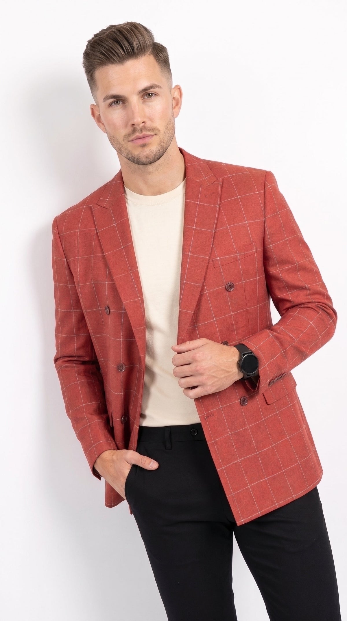 Men's Red Windowpane Plaid Double Breasted Suit – Modern Fit 2 Piece Wedding, Prom & Formal Dress Suit