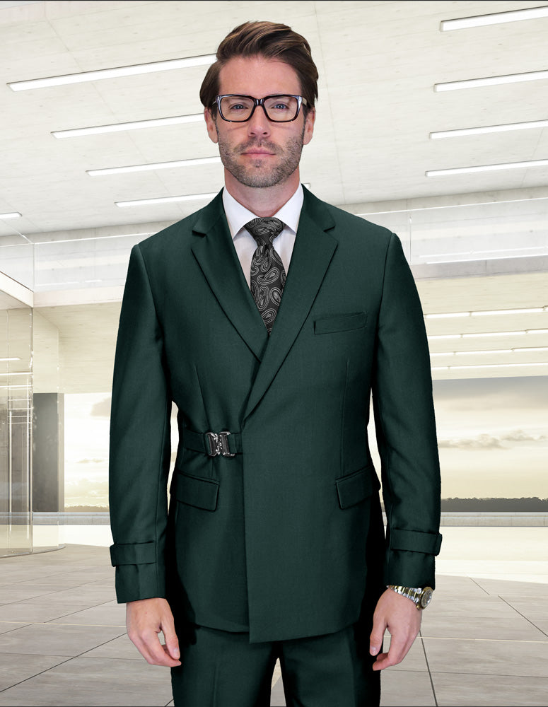 2PC Italian Super 200's Wool Suit Modern Fit Flat Front Pants with Metal Buckles in Hunter