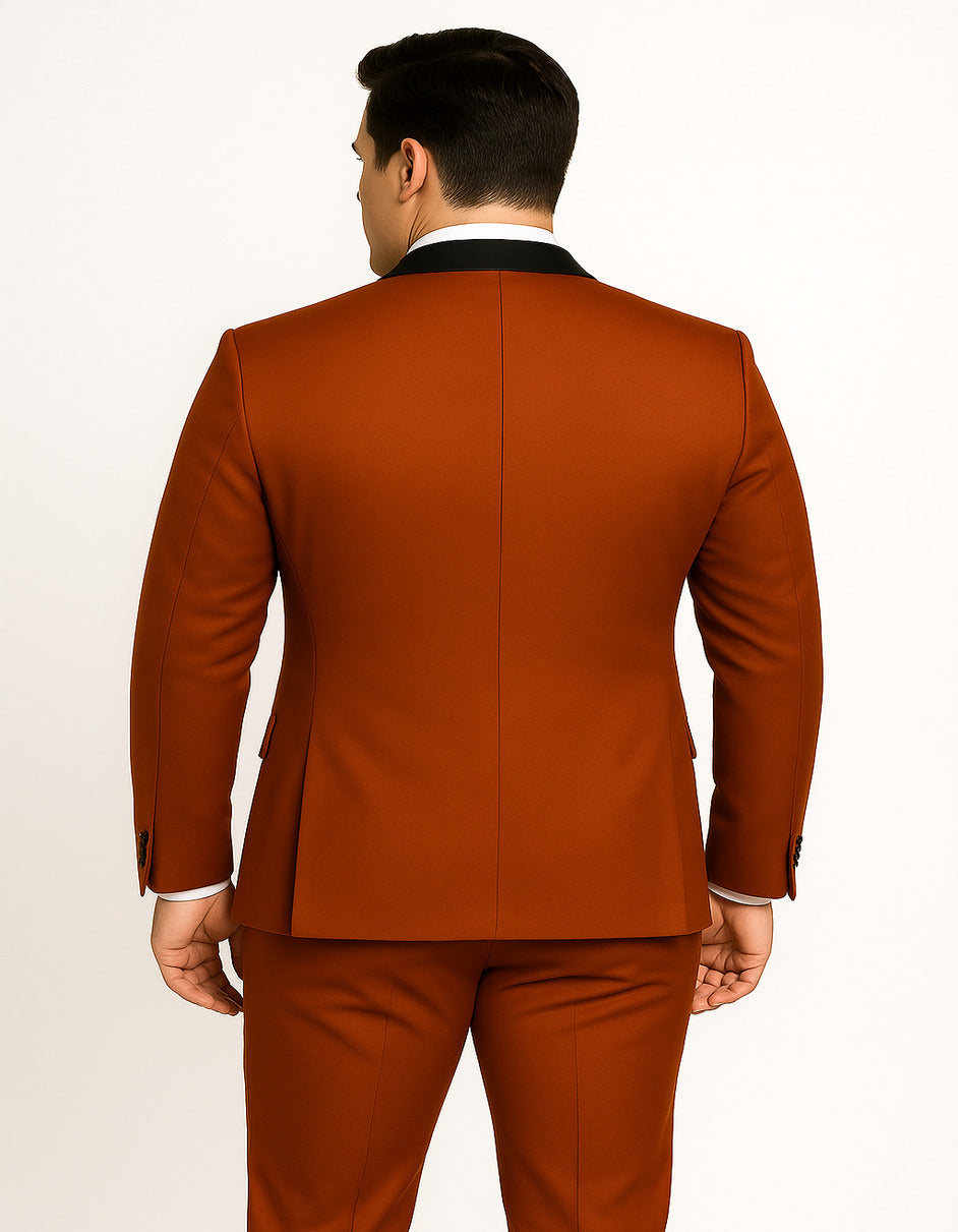 Men's Burnt Orange Tuxedo Suit – 3-Piece Slim Fit with Black Satin Shawl Lapel