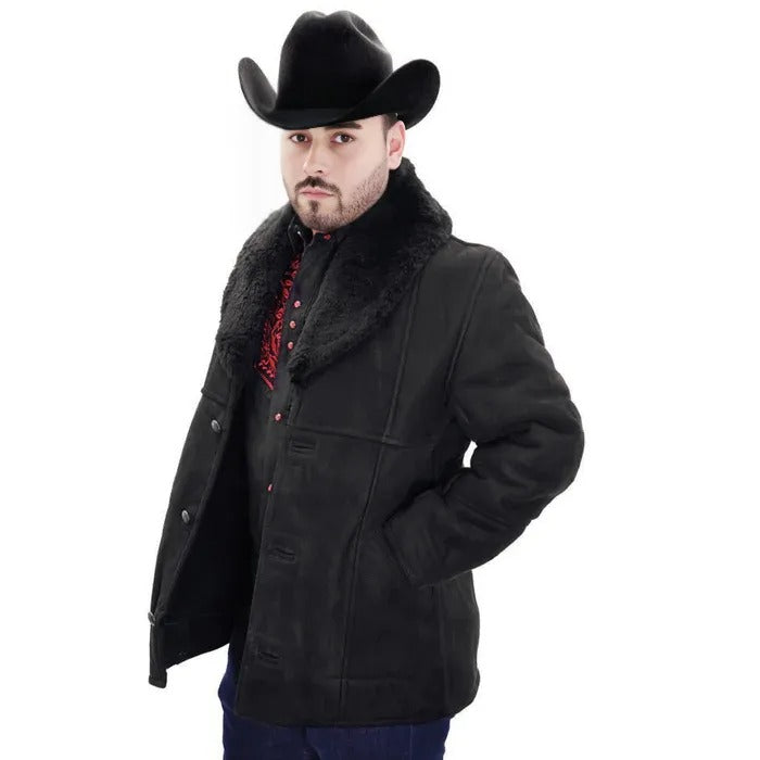 Men’s Black Shearling Jacket with Faux Fur Collar, Western Winter Coat for Casual Wear