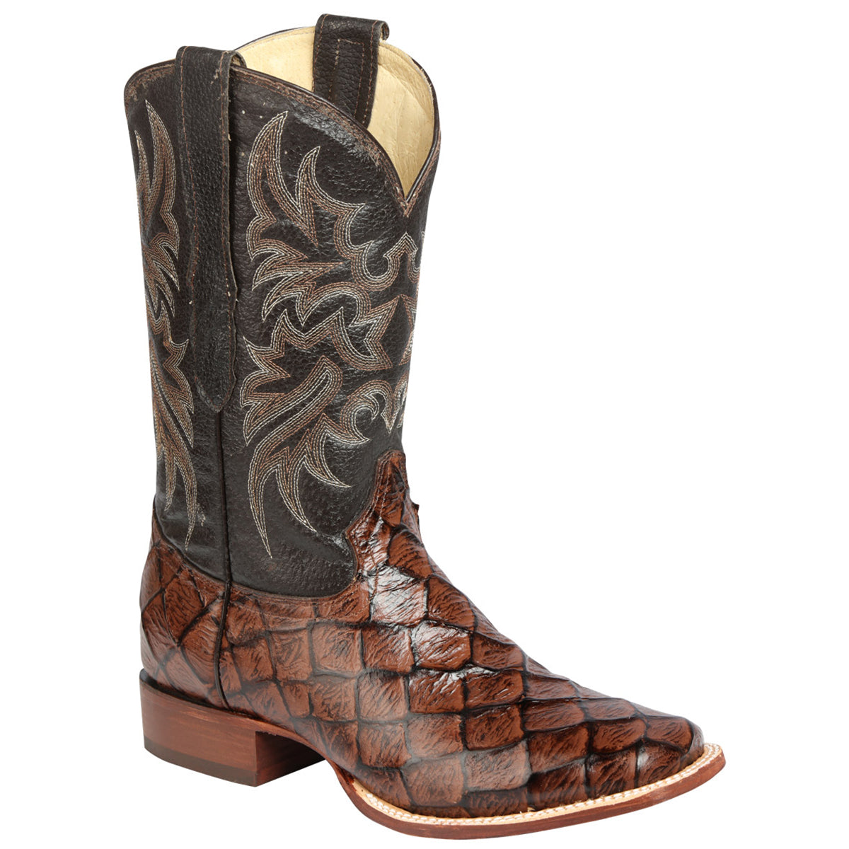 Brown Pirarucu Print Square Toe Boots