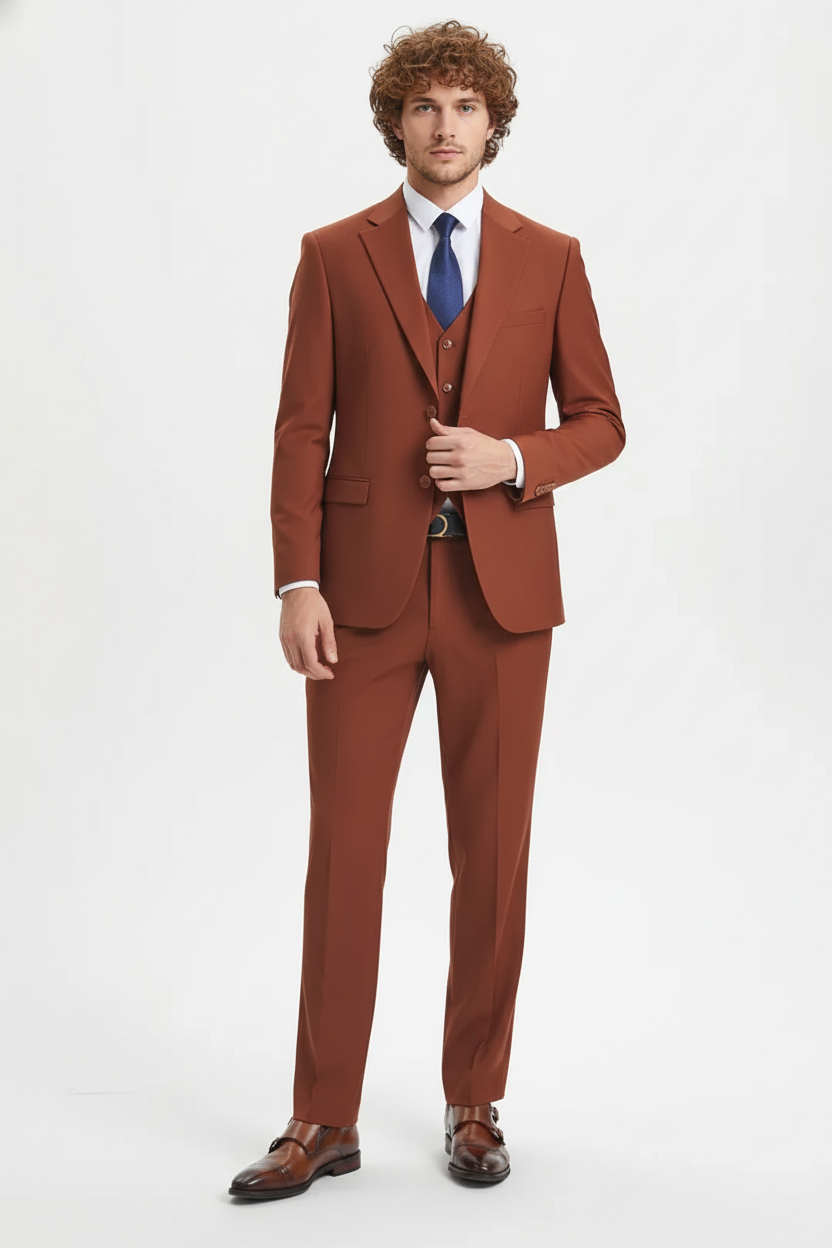 Mens Orangish Rust Brown Three-Piece Suit Slim Fit Jacket, Vest and Tailored Pants in Brick Color