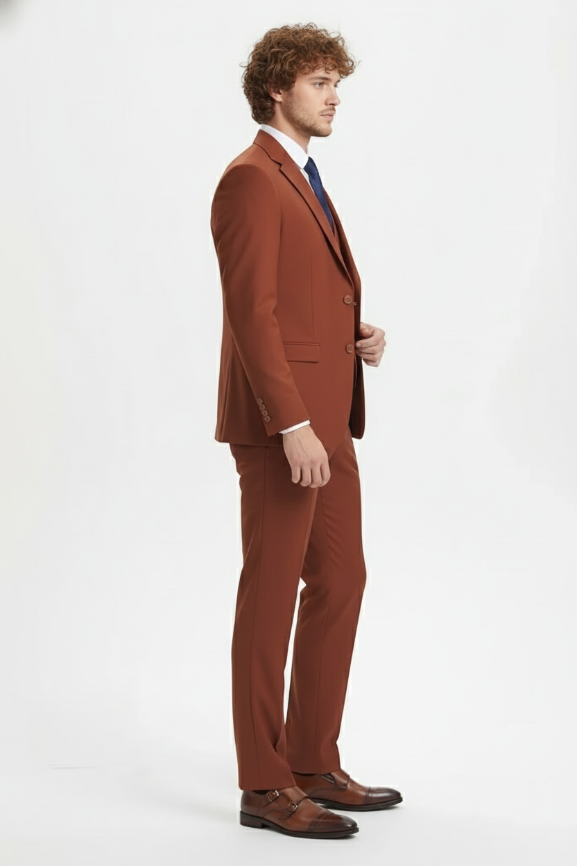 Mens Orangish Rust Brown Three-Piece Suit Slim Fit Jacket, Vest and Tailored Pants in Brick Color