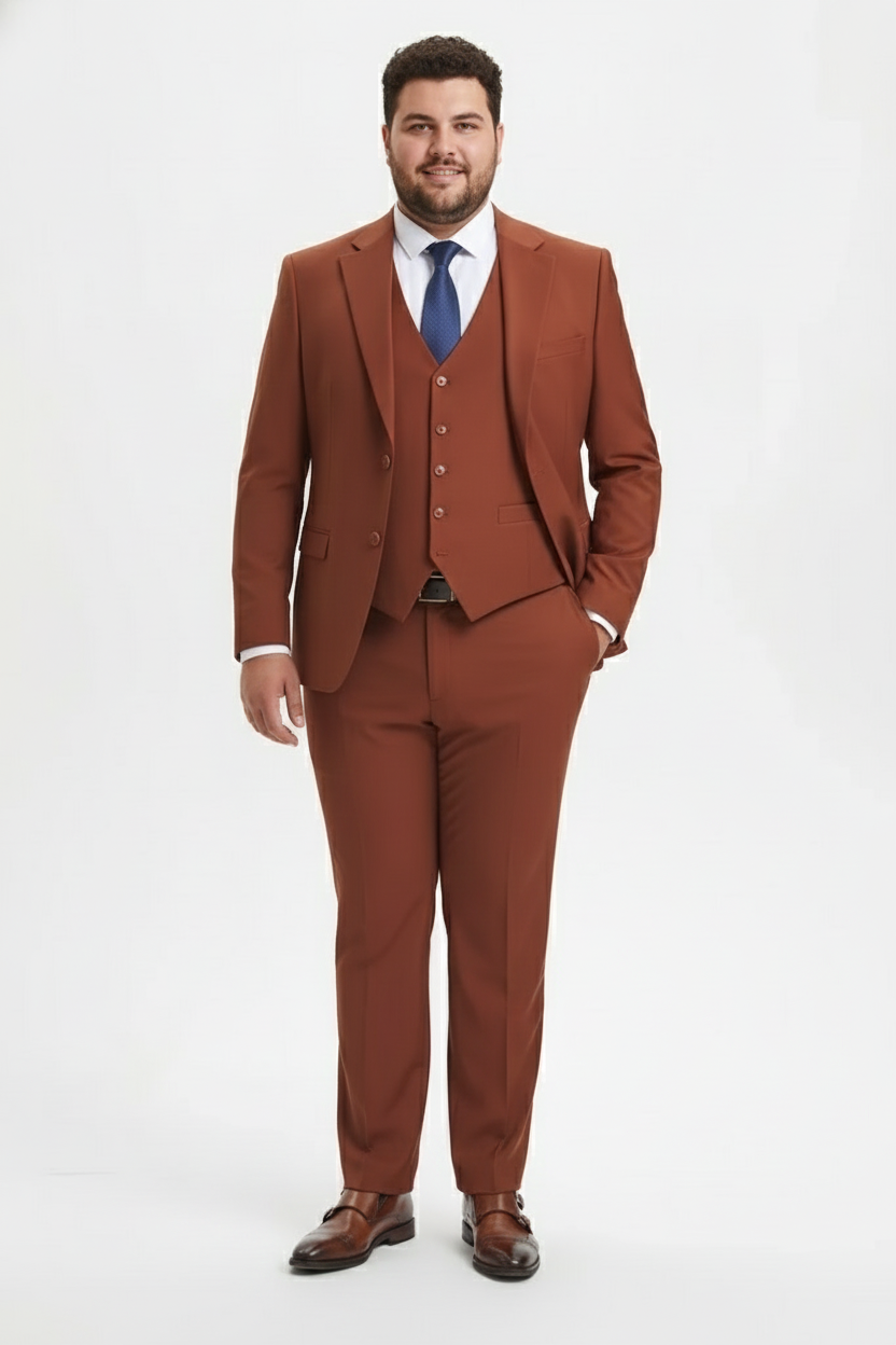 Mens Orangish Rust Brown Three-Piece Suit Slim Fit Jacket, Vest and Tailored Pants in Brick Color