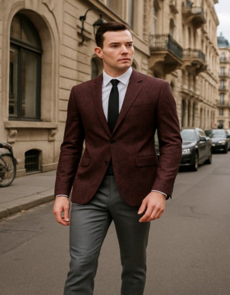 Mens Burgundy Paisley Tuxedo Blazer – Slim Fit Formal Dinner Jacket - Velvet Fabric - Slim Fitted
