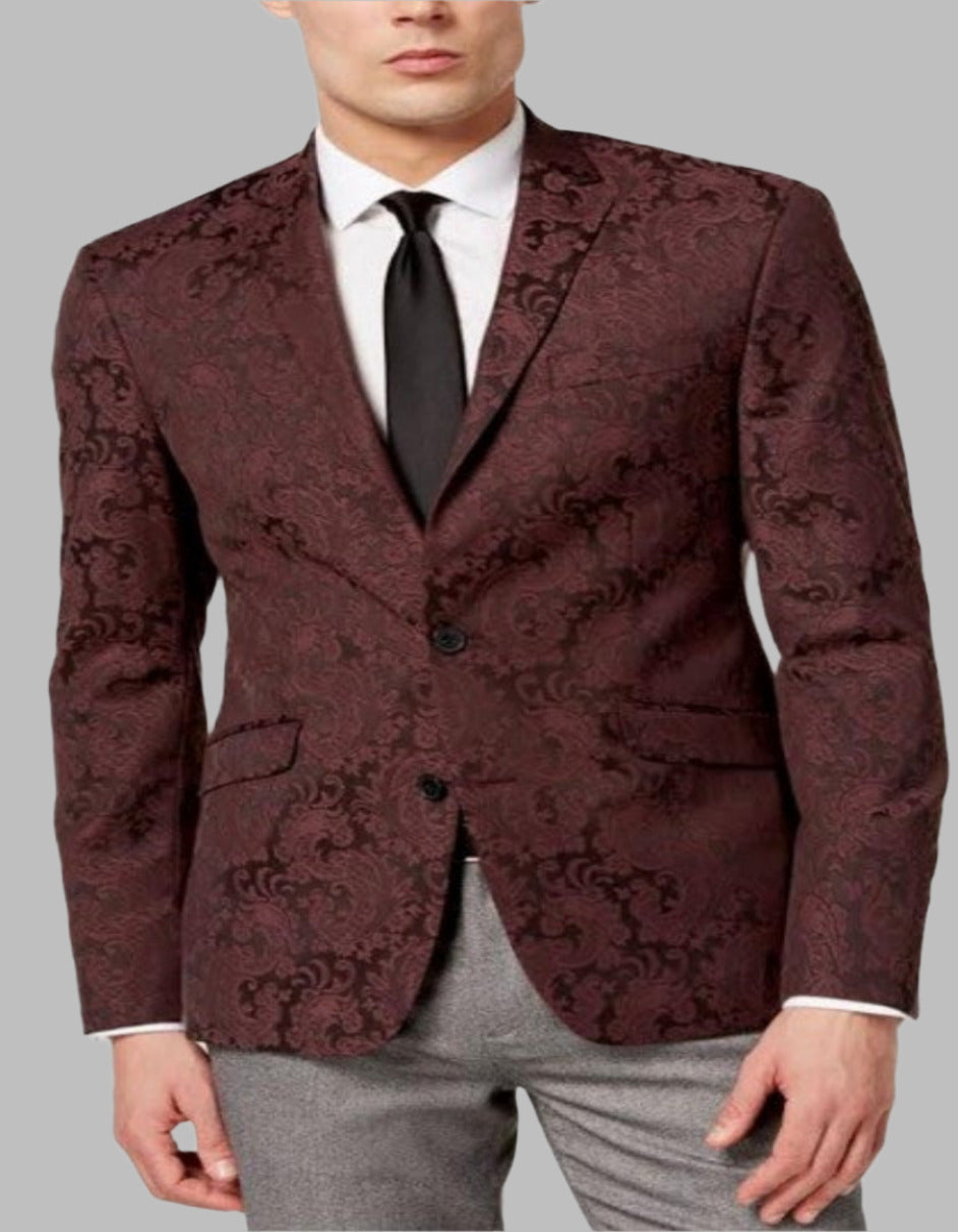 Mens Burgundy Paisley Tuxedo Blazer – Slim Fit Formal Dinner Jacket - Velvet Fabric - Slim Fitted