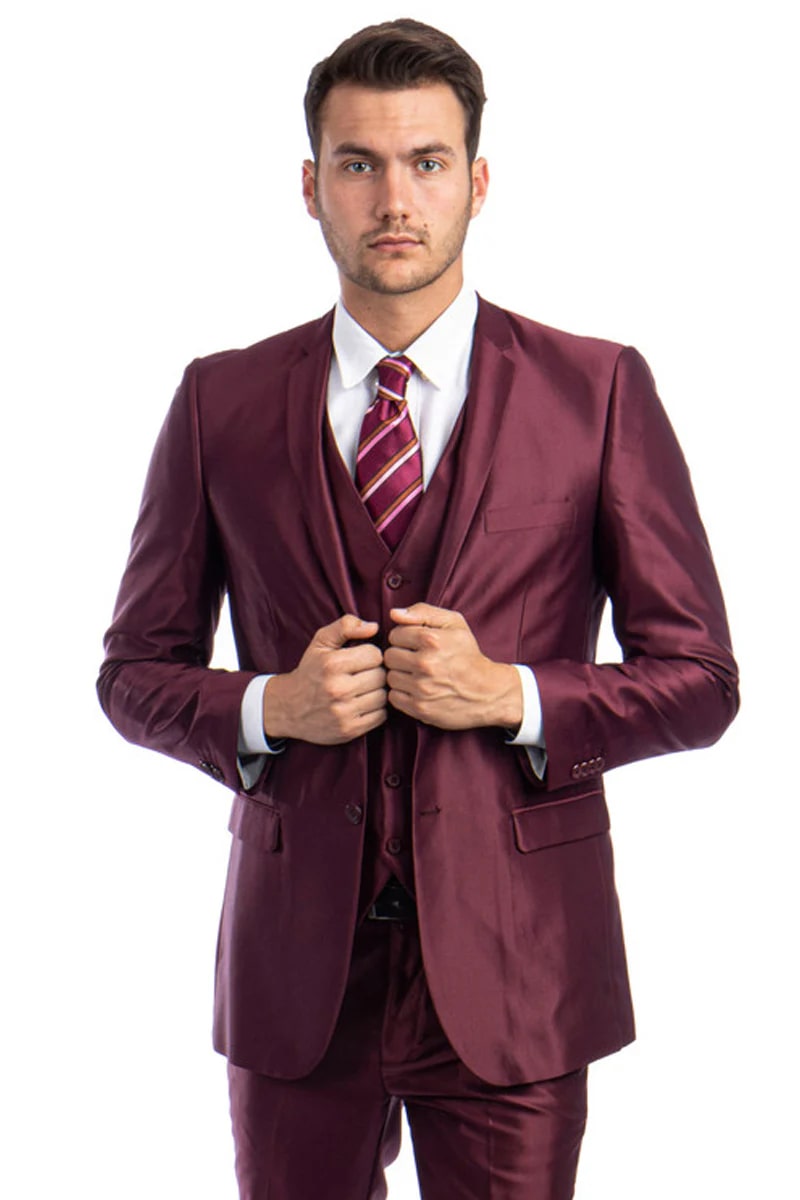 Mens 2 Button Shiny Blazer - Royal Blue Sateen Vested Suit - New Arrival