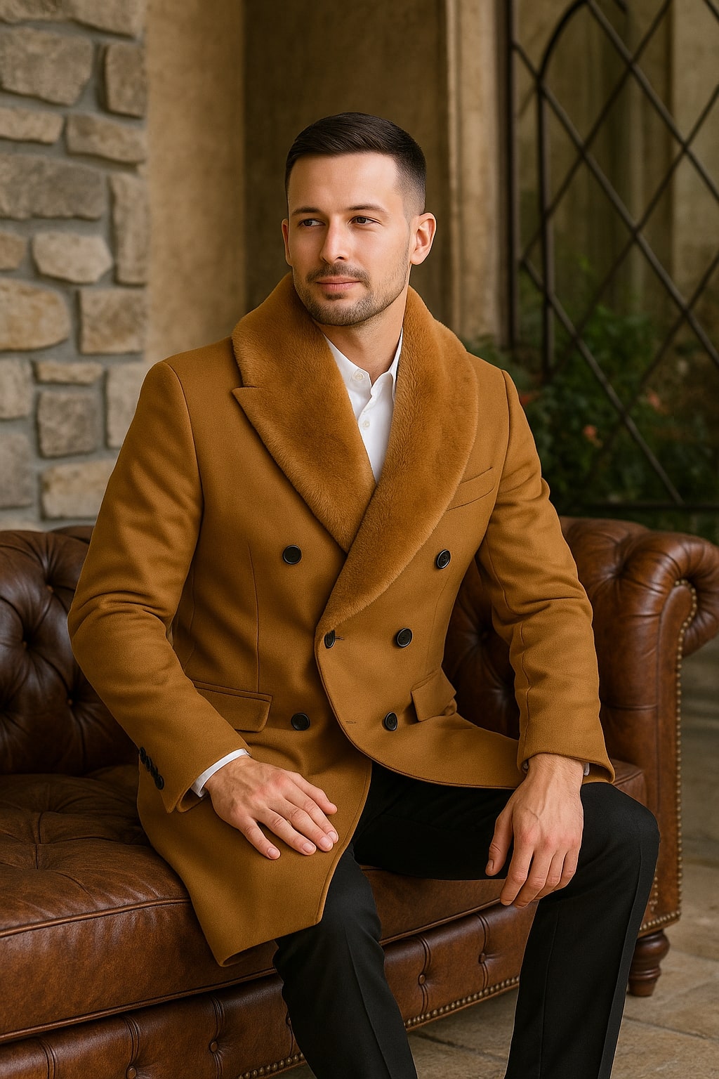 Mens Camel Wool Overcoat with Faux Fur Shawl Collar – Double-Breasted Winter Dress Coat