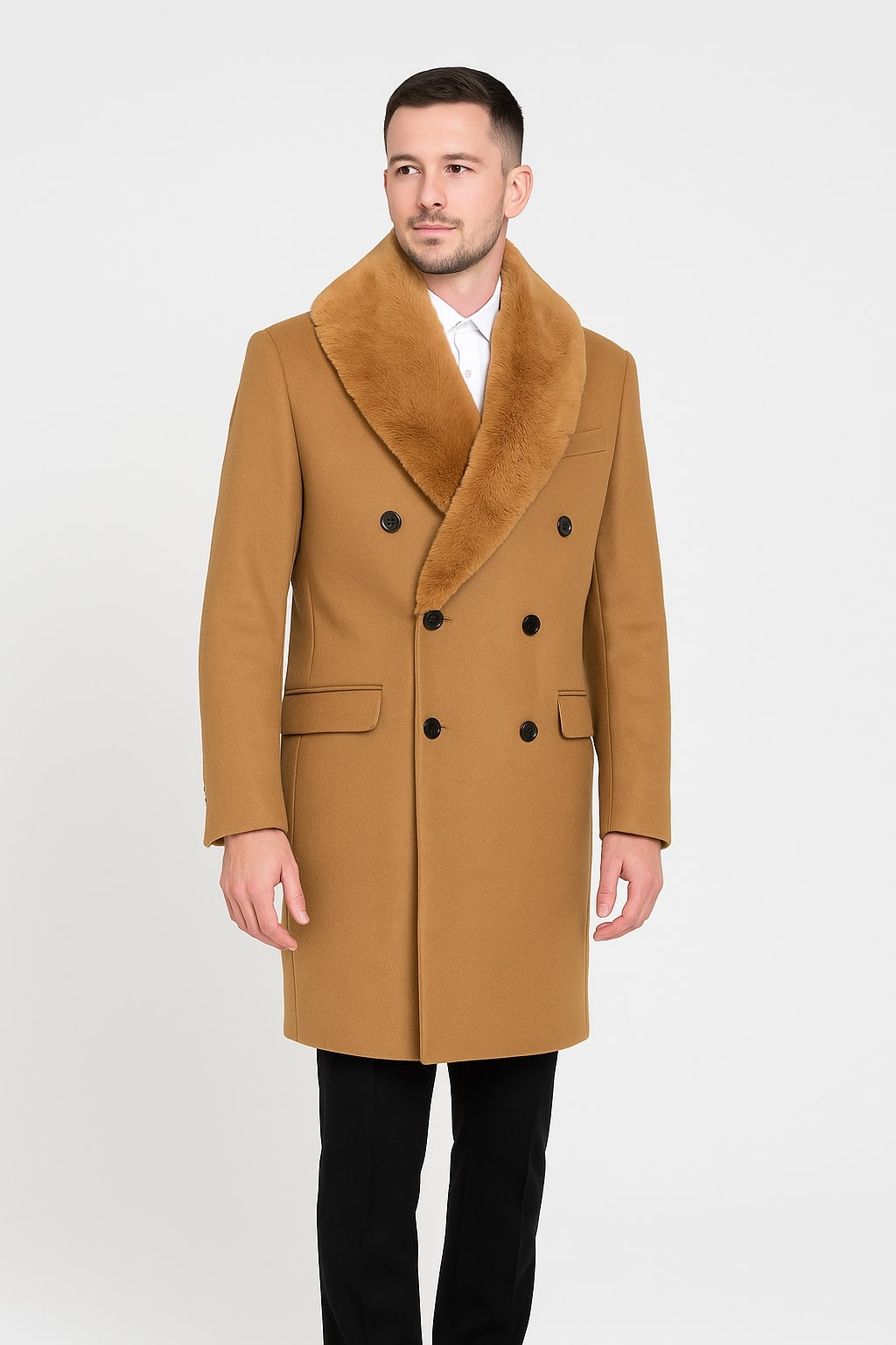 Mens Camel Wool Overcoat with Faux Fur Shawl Collar – Double-Breasted Winter Dress Coat