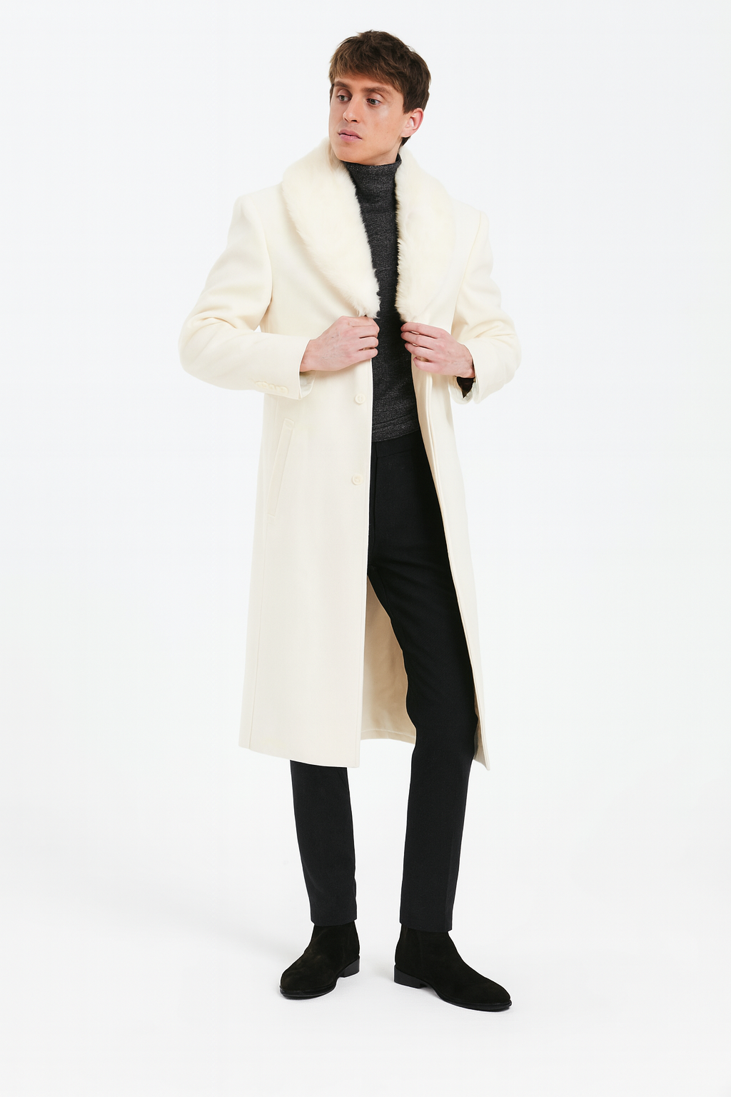 Mens Ivory Full-Length Overcoat with Luxurious Faux Fur Shawl Collar – Winter Dress Coat