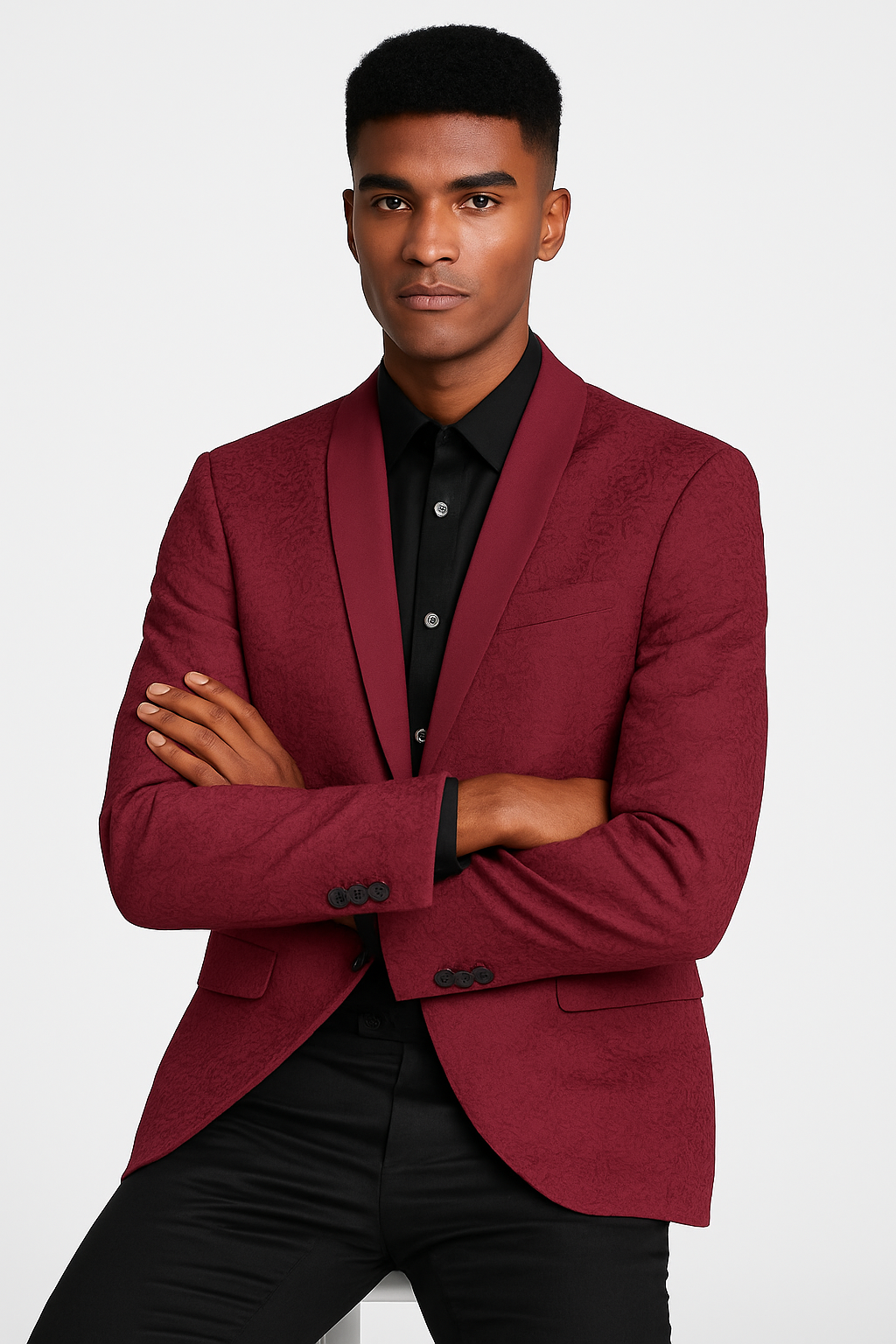 Burgundy paisley slim fit tuxedo jacket – men's wedding & prom blazer with satin shawl lapel