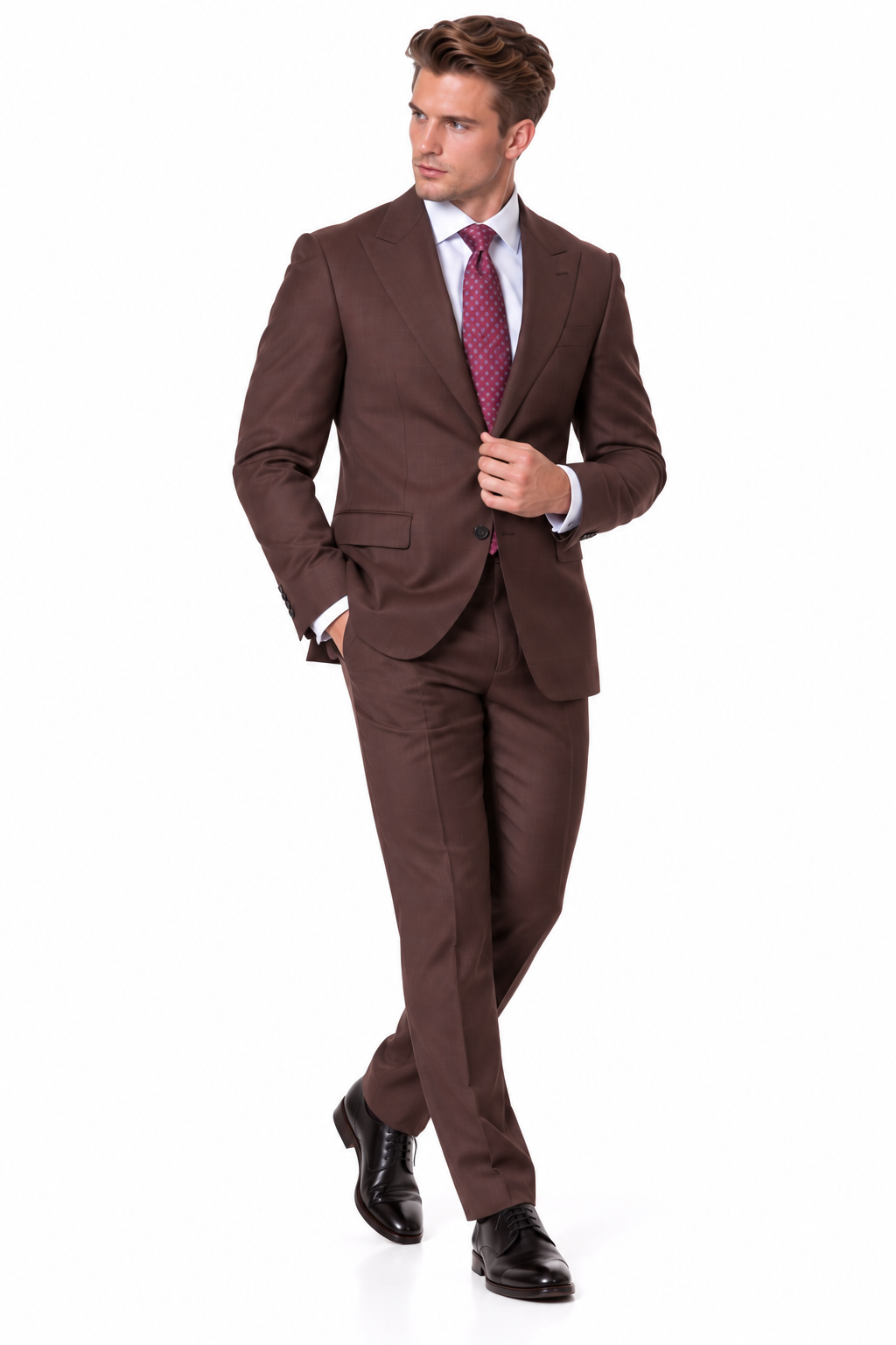 Statement Men's 2 Piece 100% Super 200 Wool Modern Fit Suit - Pic Stitching Peak Lapel Two Buttons in Color Brown