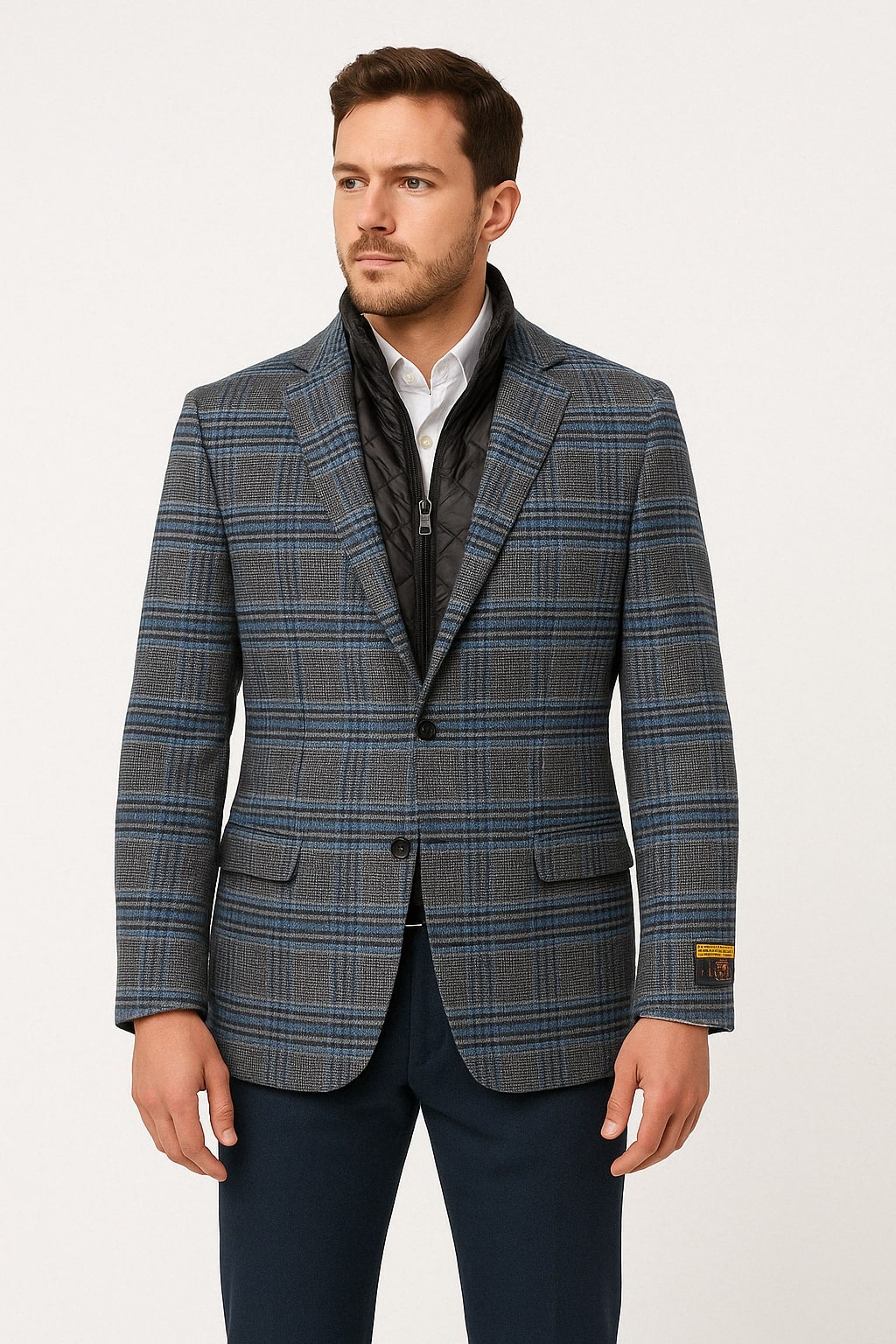 Men's Blue & Grey Checkered Wool plaid Blazers with Quilted Inner Layer Alberto Nardoni Collection
