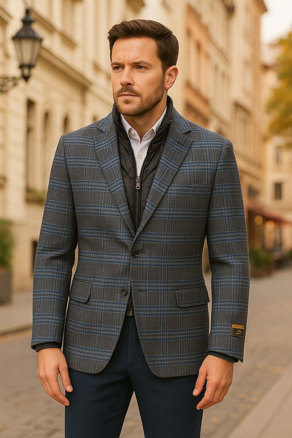 Men's Blue & Grey Checkered Wool plaid Blazers with Quilted Inner Layer Alberto Nardoni Collection