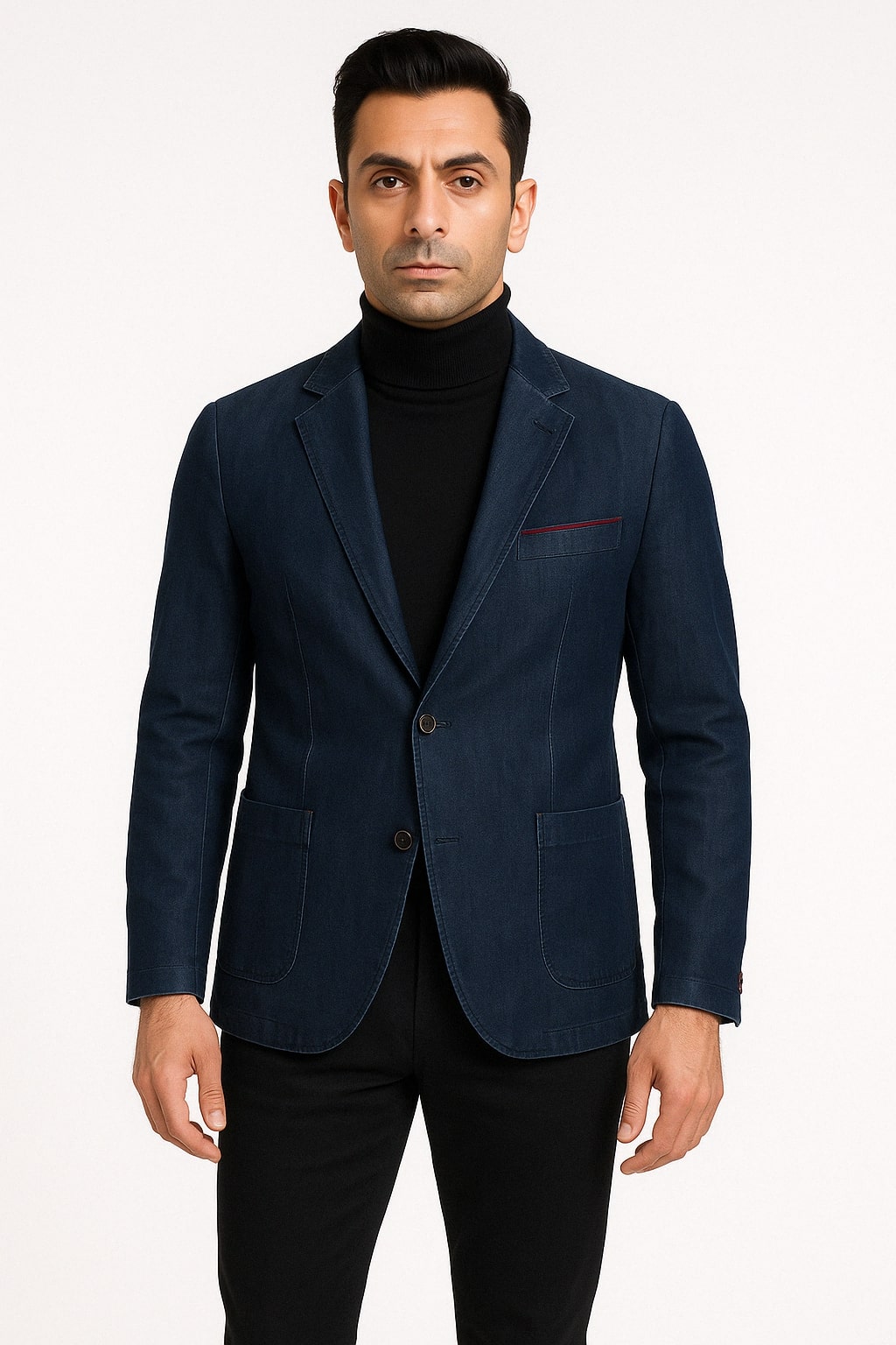 Mens Dark Blue Denim Casual Blazer with Notch Lapel and Single Button Closure