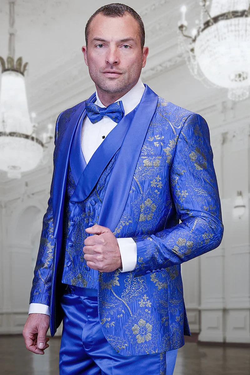 Men's royal blue paisley lace print tuxedo with double breasted vest – prom & wedding suit